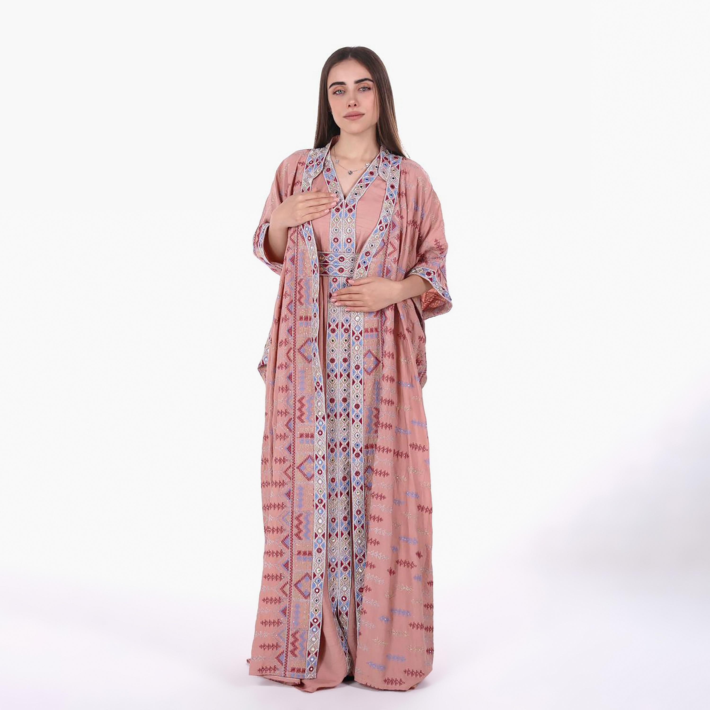 AL BENT AL SHARQIEH Embroidered Mandarin Collar Batwing Sleeves Linen Women's Kaftan Style Jalabiya-women-arabicclothing-jalabiyas-image-4