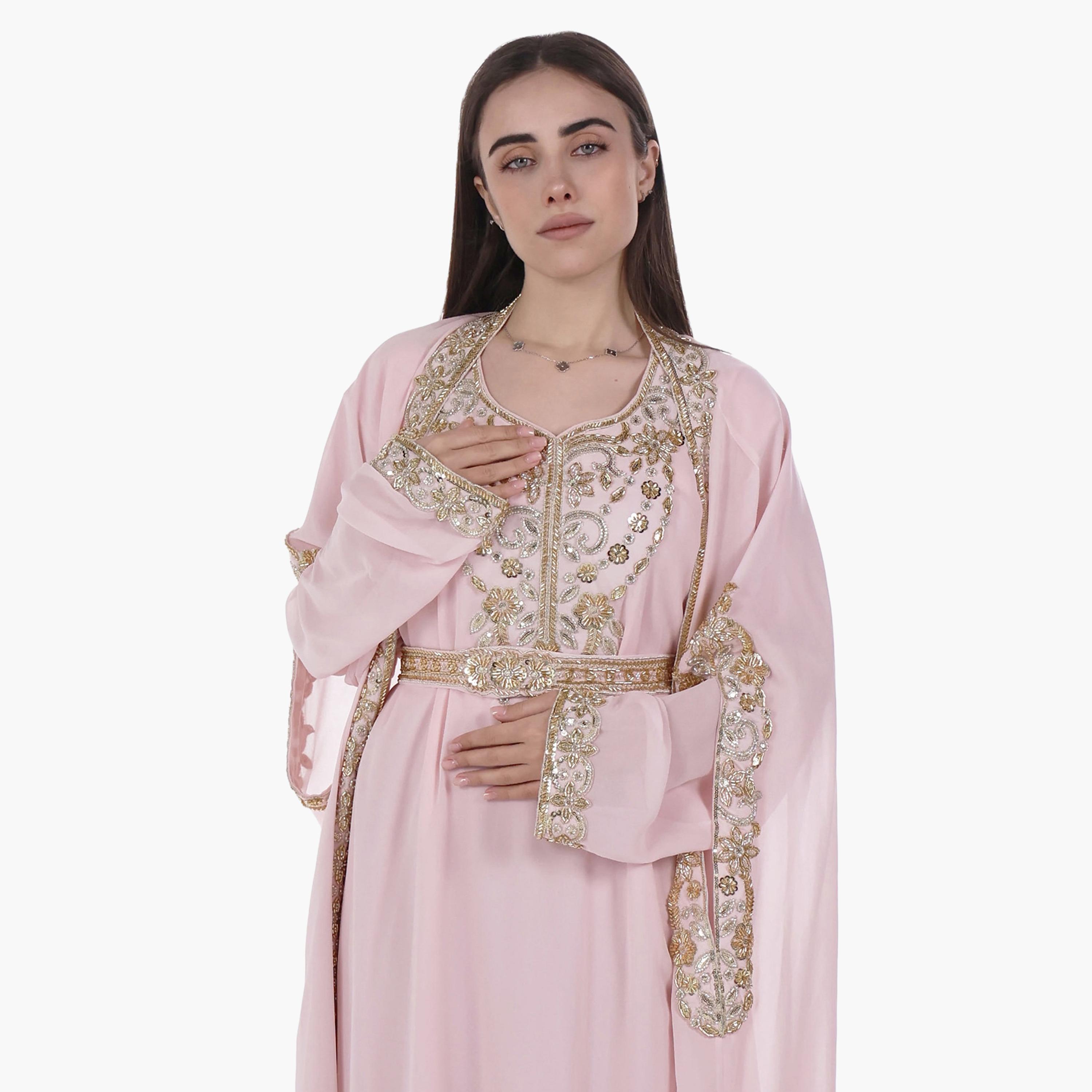 AL BENT AL SHARQIEH Embroidered Batwing Sleeves Crepe Women's Evening Kaftan Style Jalabiya-women-arabicclothing-jalabiyas-image-2
