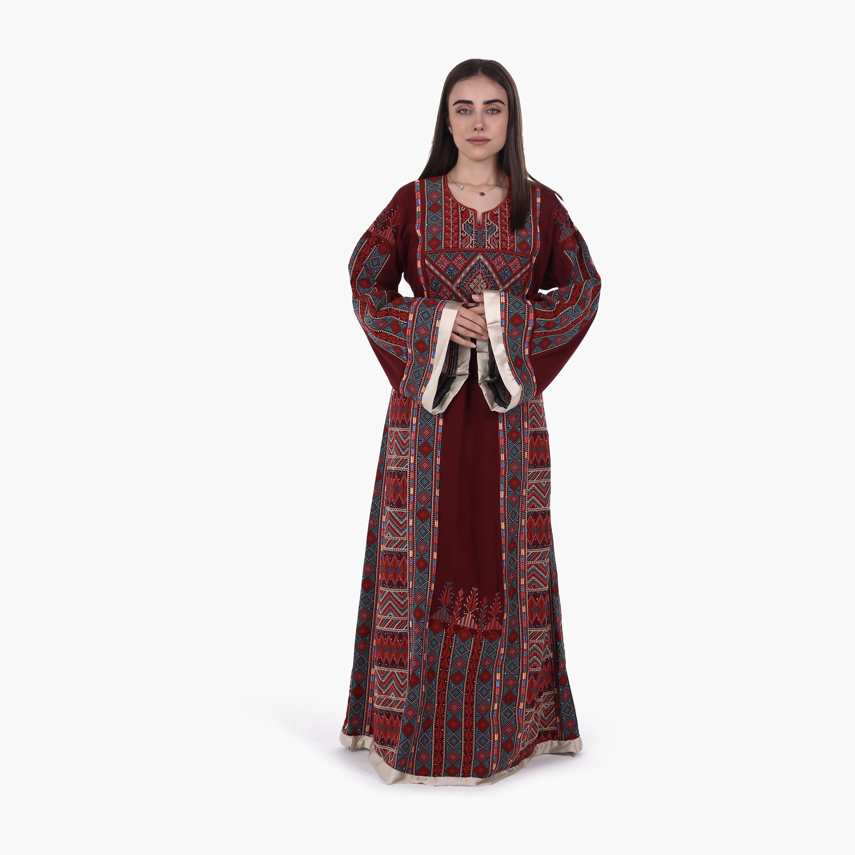 AL BENT AL SHARQIEH Tatreez Embroidered Flared Sleeves Crepe Women's Evening Jalabiya with Belt-women-arabicclothing-jalabiyas-image-1