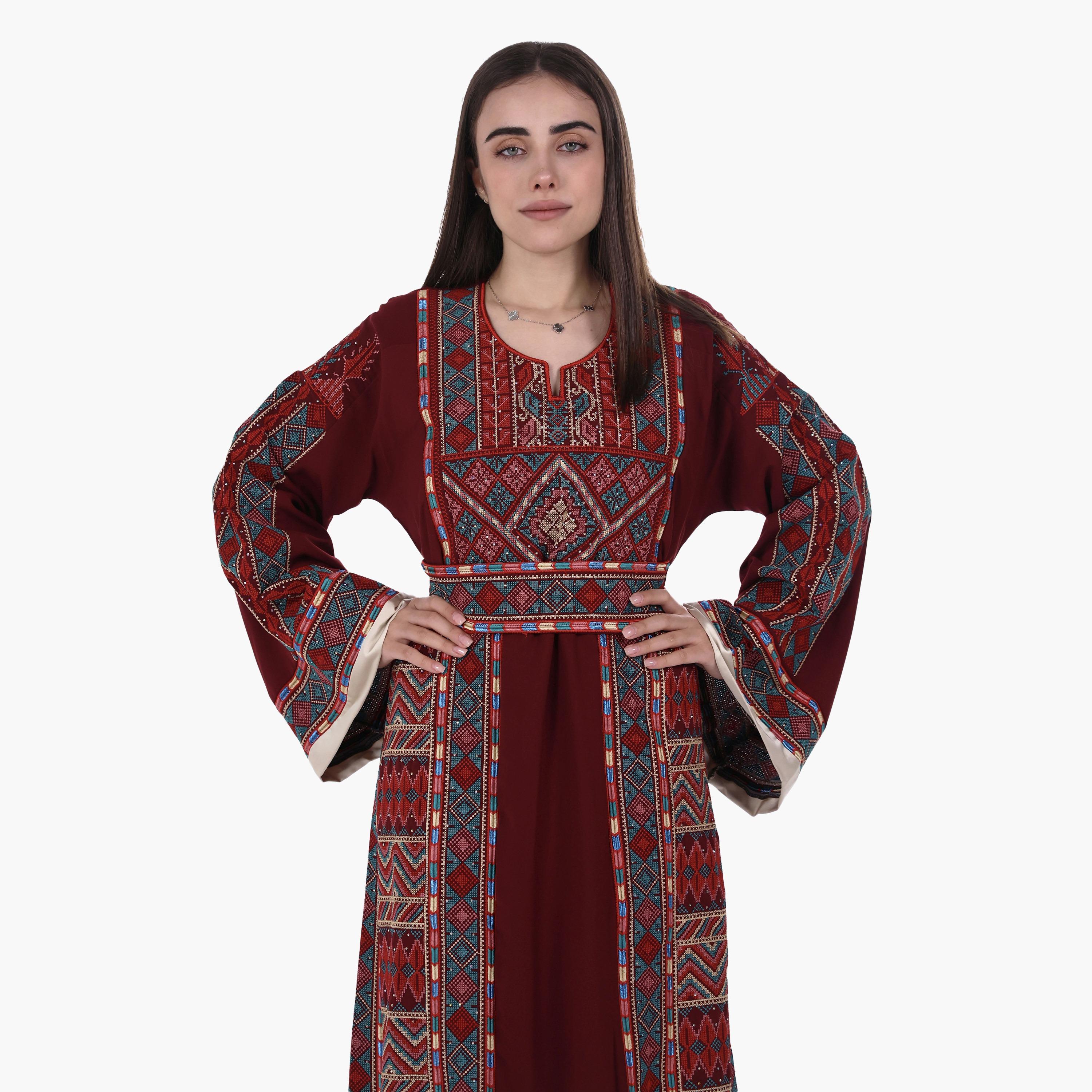 AL BENT AL SHARQIEH Tatreez Embroidered Flared Sleeves Crepe Women's Evening Jalabiya with Belt-women-arabicclothing-jalabiyas-image-2