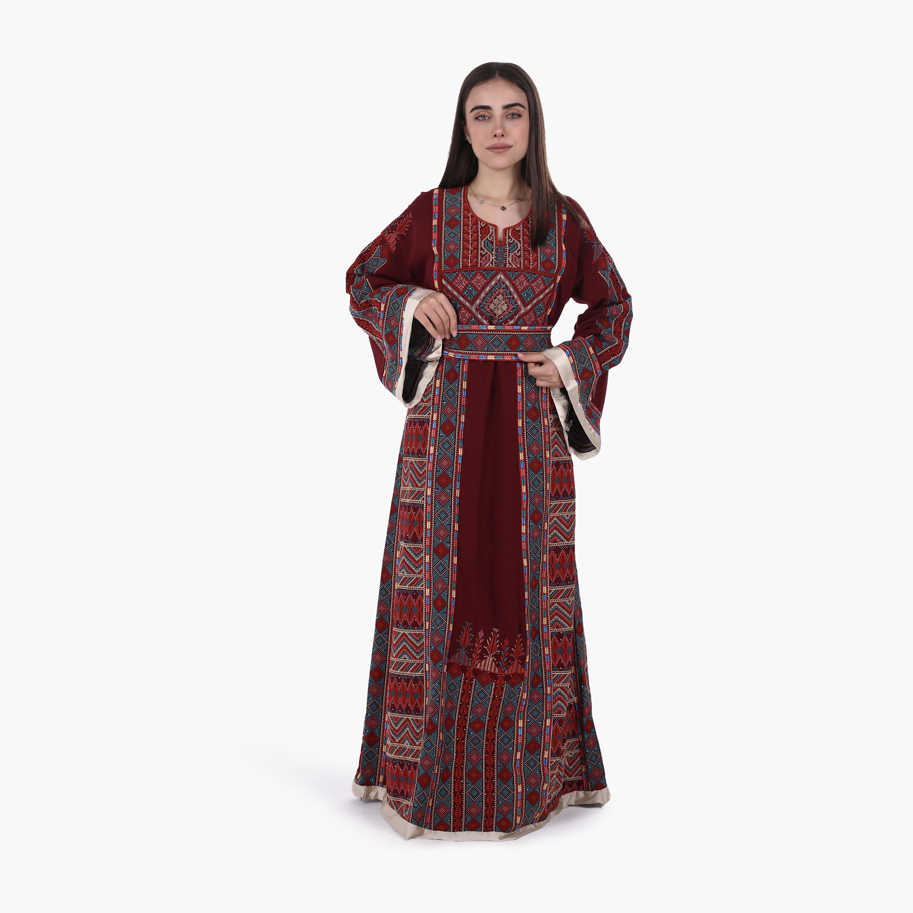 AL BENT AL SHARQIEH Tatreez Embroidered Flared Sleeves Crepe Women's Evening Jalabiya with Belt-women-arabicclothing-jalabiyas-image-3