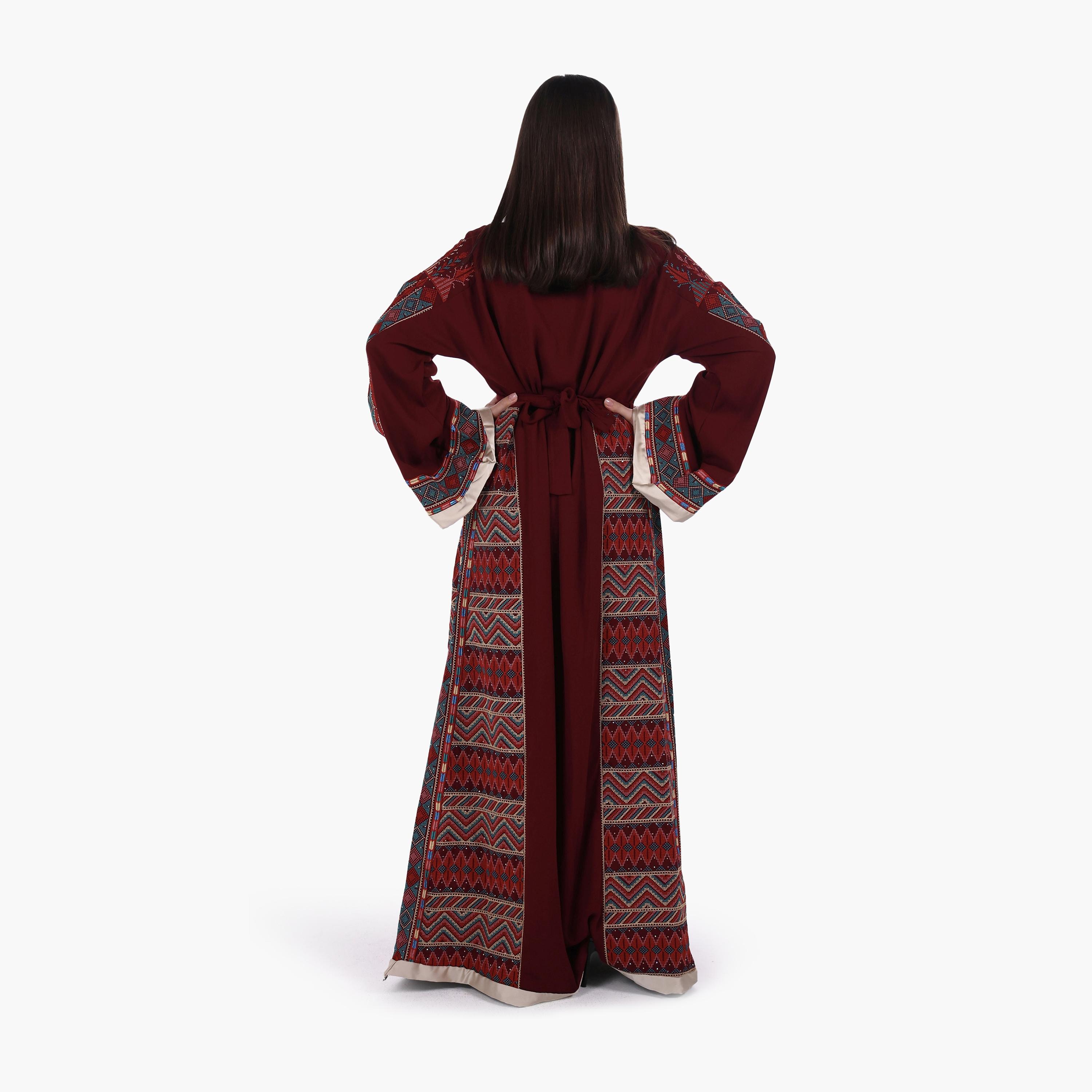 AL BENT AL SHARQIEH Tatreez Embroidered Flared Sleeves Crepe Women's Evening Jalabiya with Belt-women-arabicclothing-jalabiyas-image-4