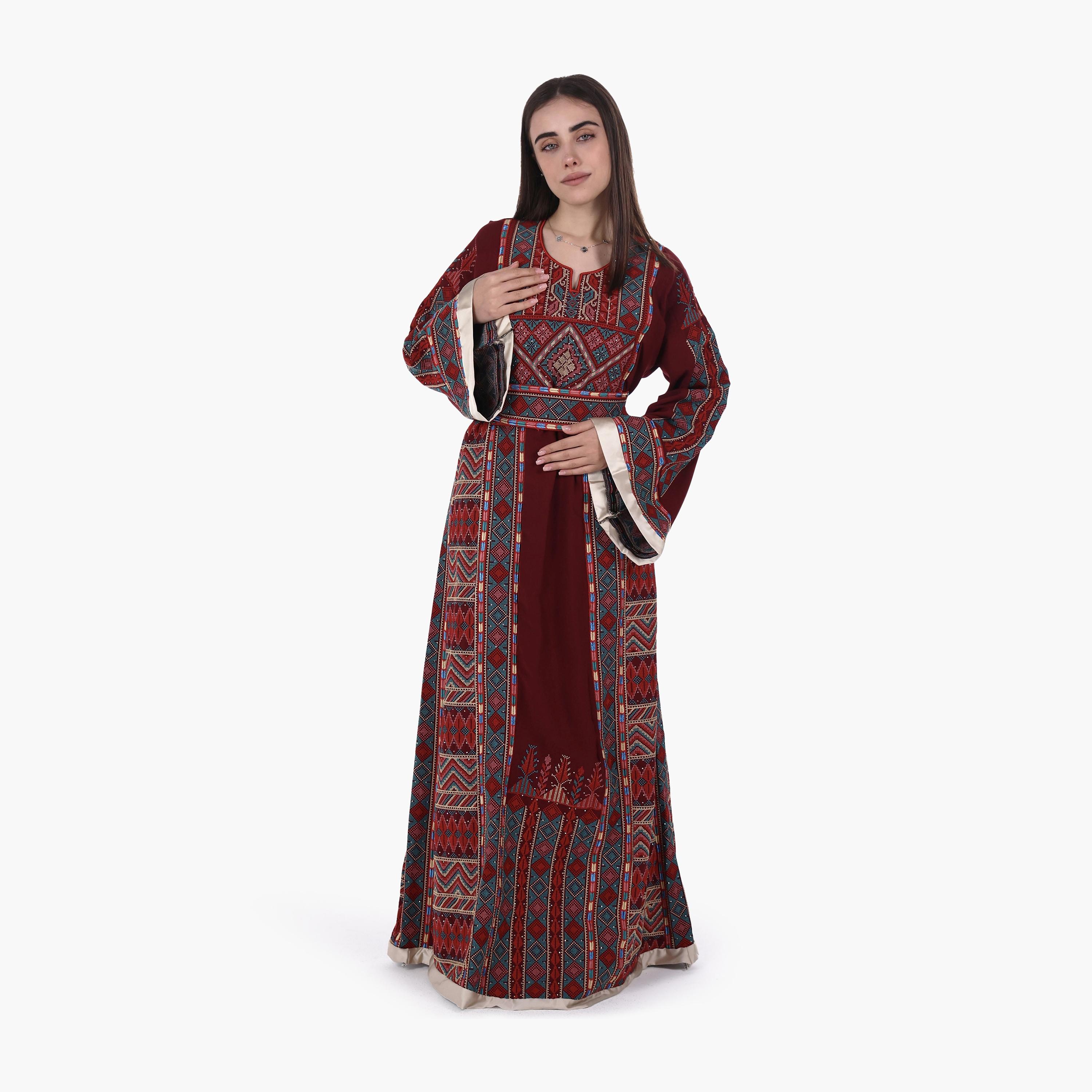 AL BENT AL SHARQIEH Tatreez Embroidered Flared Sleeves Crepe Women's Evening Jalabiya with Belt-women-arabicclothing-jalabiyas-image-5