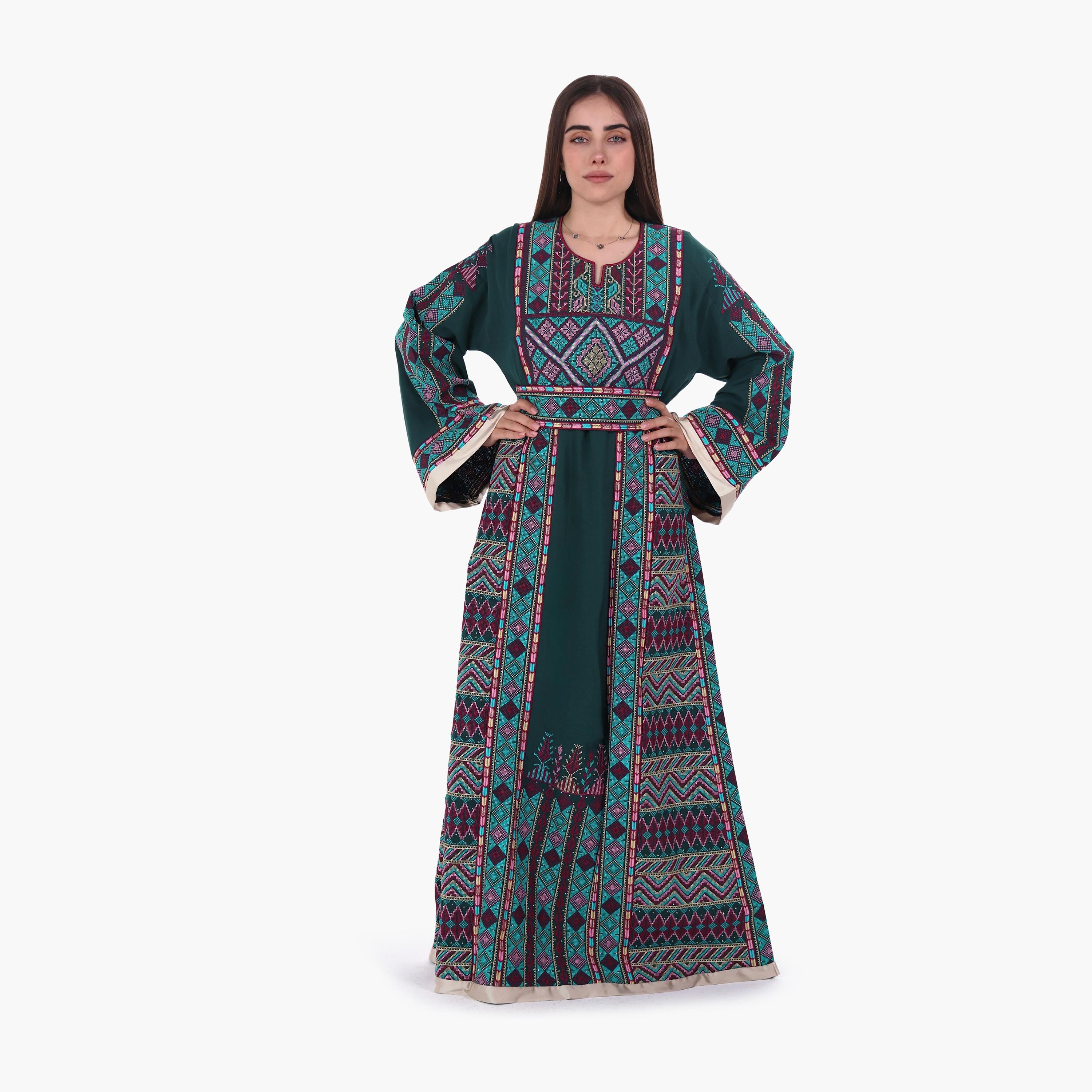 AL BENT AL SHARQIEH Tatreez Embroidered Flared Sleeves Crepe Women's Evening Jalabiya with Belt-women-arabicclothing-jalabiyas-image-1