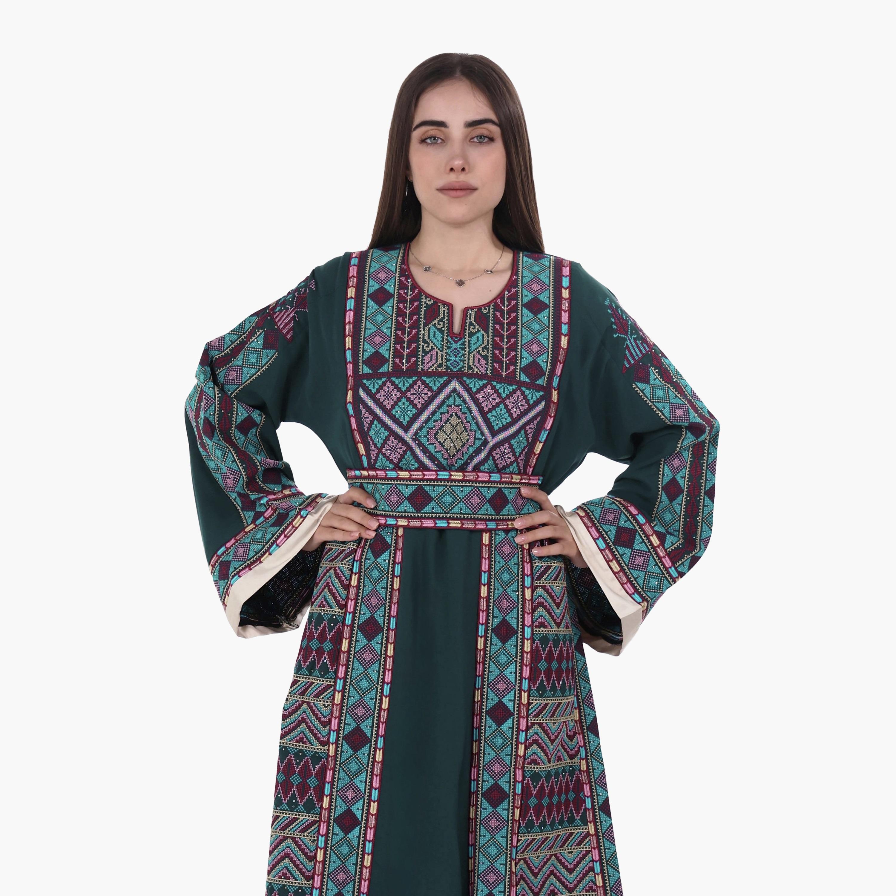 AL BENT AL SHARQIEH Tatreez Embroidered Flared Sleeves Crepe Women's Evening Jalabiya with Belt-women-arabicclothing-jalabiyas-image-2