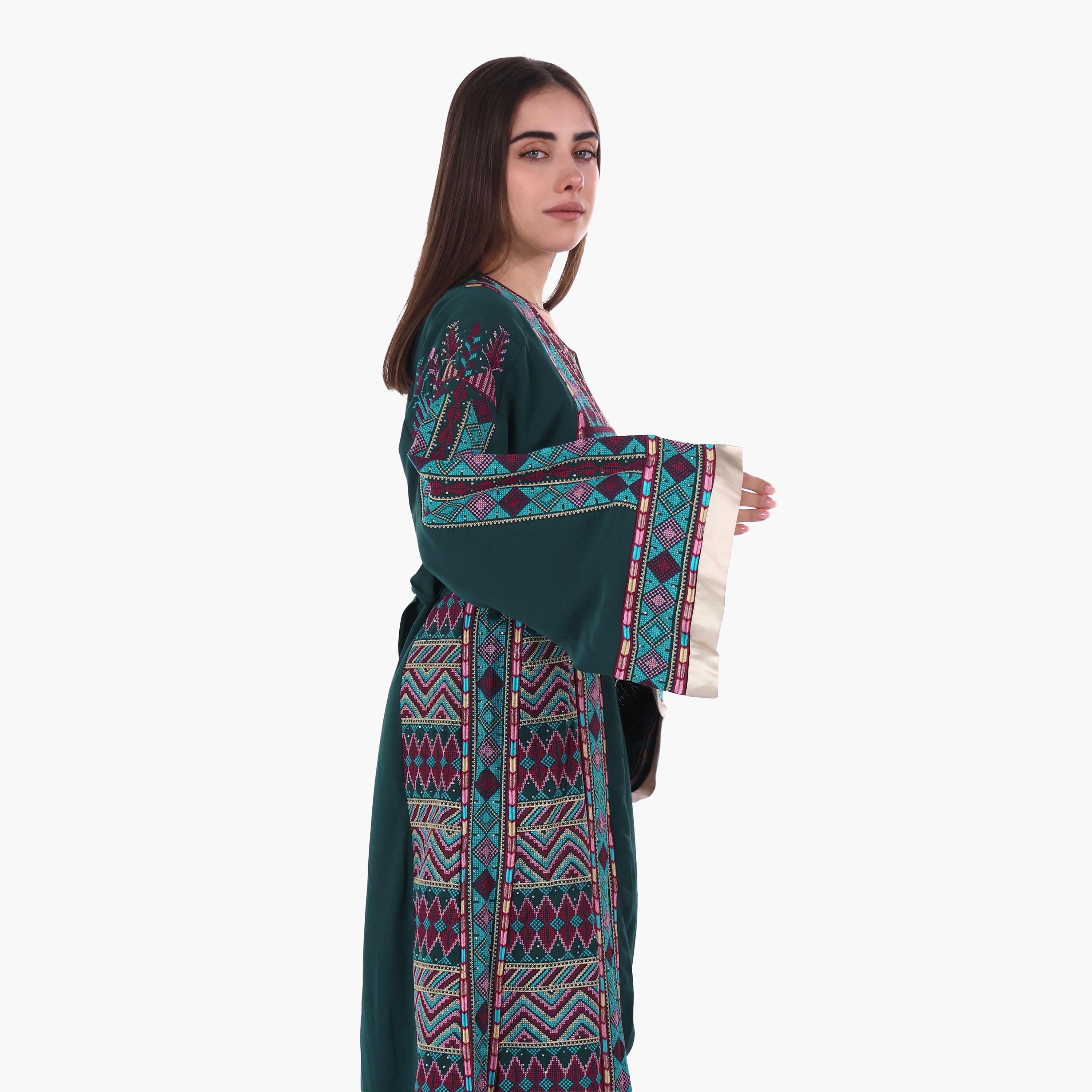 AL BENT AL SHARQIEH Tatreez Embroidered Flared Sleeves Crepe Women's Evening Jalabiya with Belt-women-arabicclothing-jalabiyas-image-3