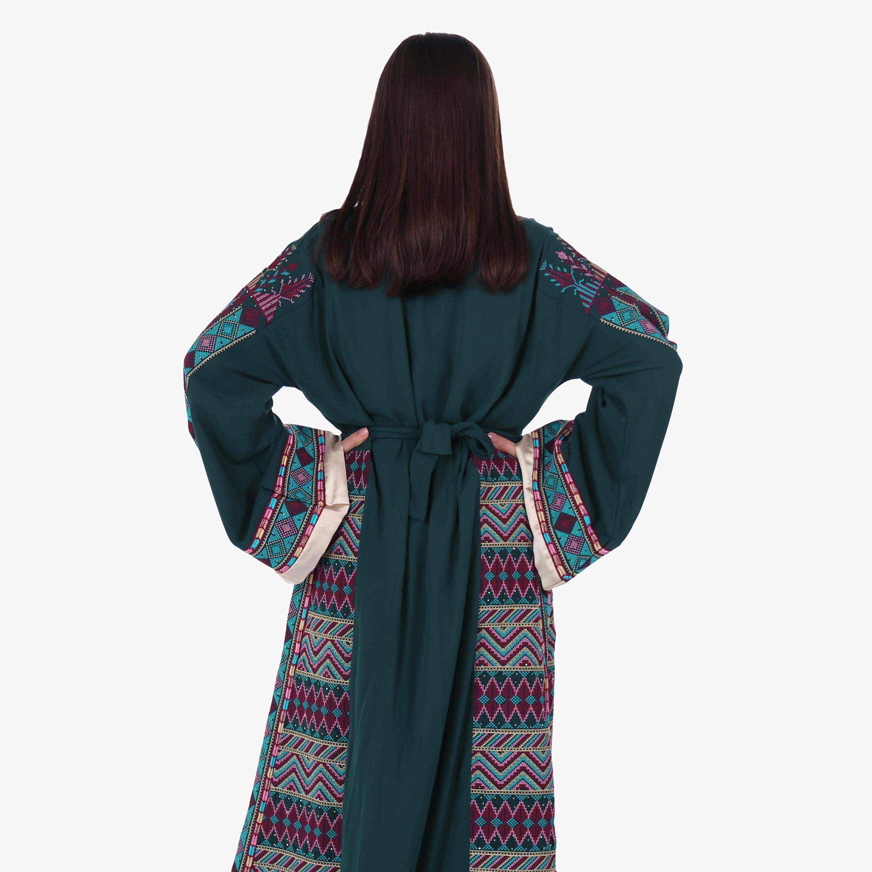 AL BENT AL SHARQIEH Tatreez Embroidered Flared Sleeves Crepe Women's Evening Jalabiya with Belt-women-arabicclothing-jalabiyas-image-4