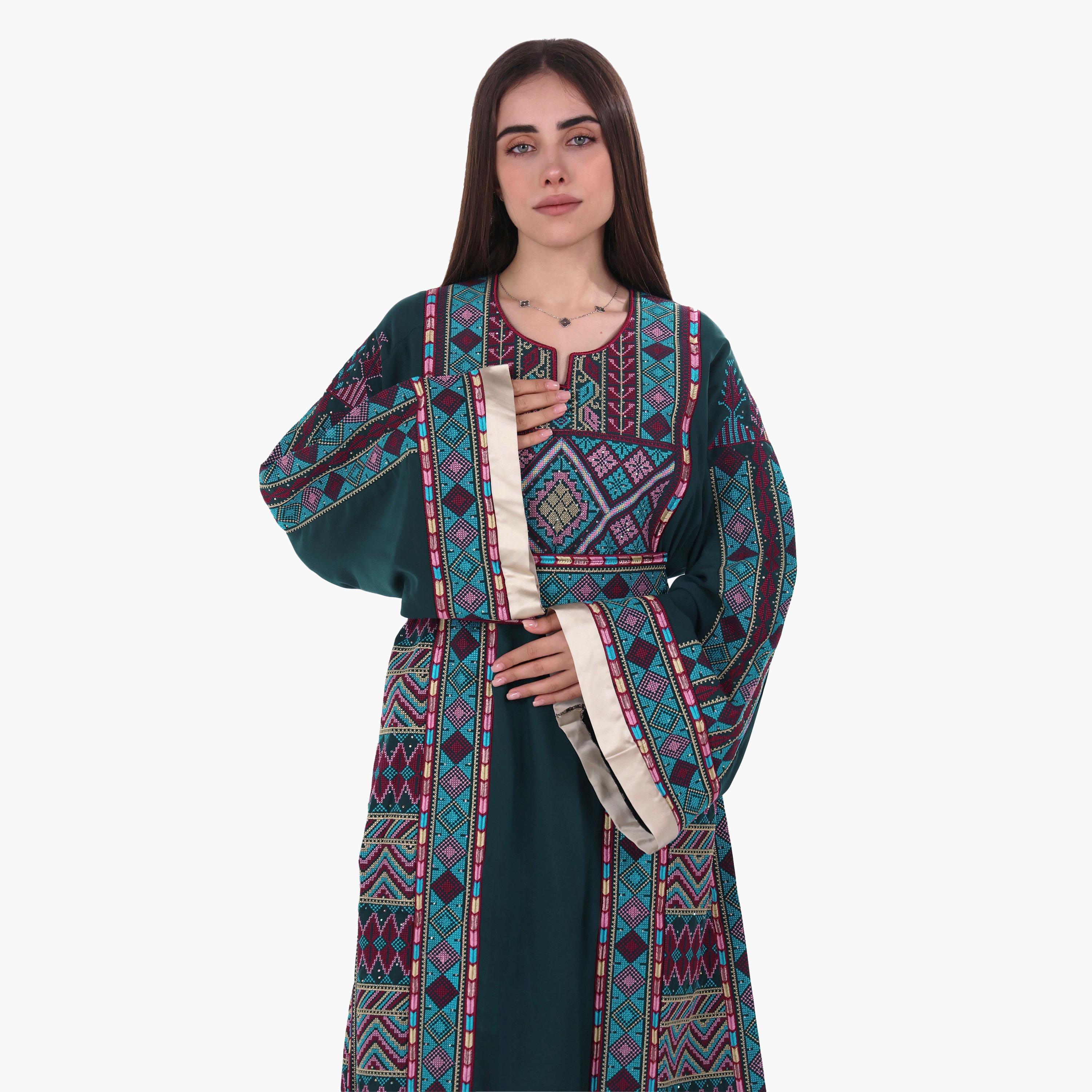 AL BENT AL SHARQIEH Tatreez Embroidered Flared Sleeves Crepe Women's Evening Jalabiya with Belt-women-arabicclothing-jalabiyas-image-5