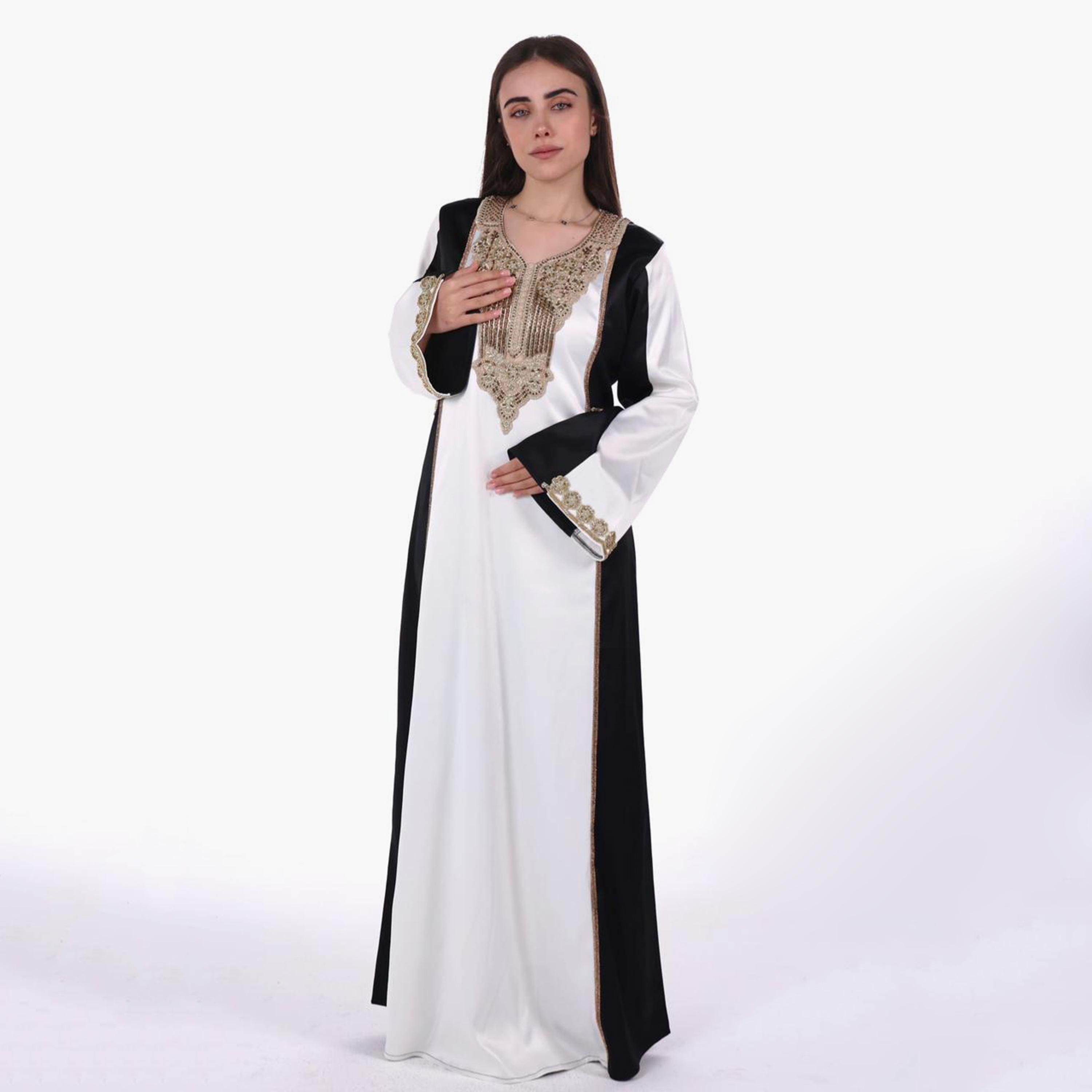 جلابية سهرة نسائية بتصميم ألوان متباينة وأكمام واسعة قماش ساتان من البنت الشرقية-women-arabicclothing-jalabiyas-image-1
