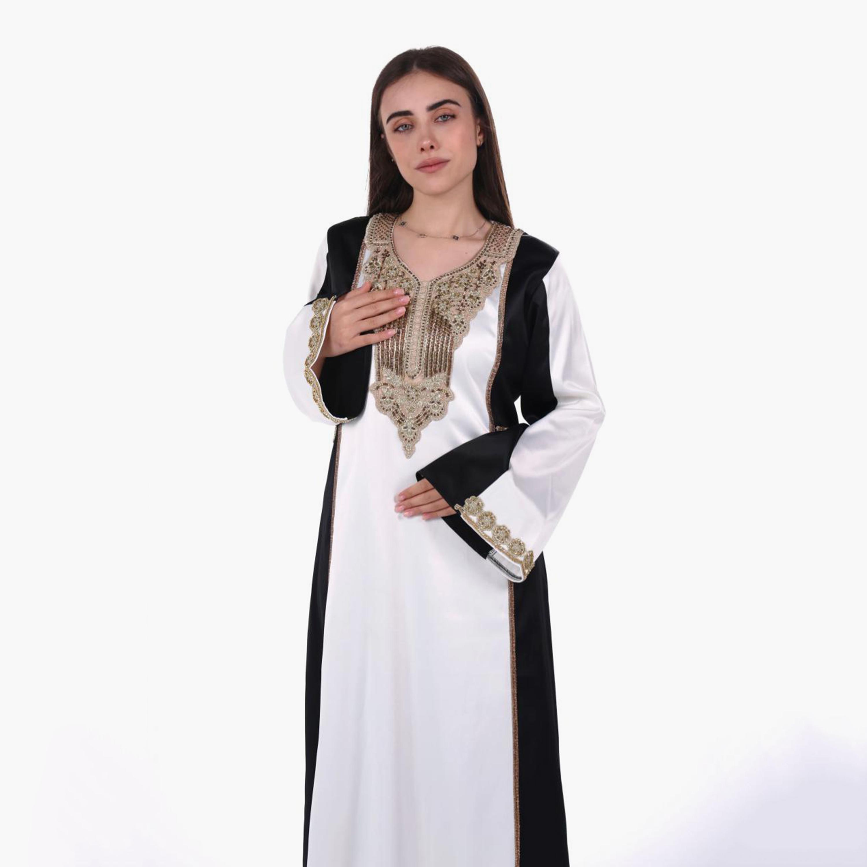 جلابية سهرة نسائية بتصميم ألوان متباينة وأكمام واسعة قماش ساتان من البنت الشرقية-women-arabicclothing-jalabiyas-image-2