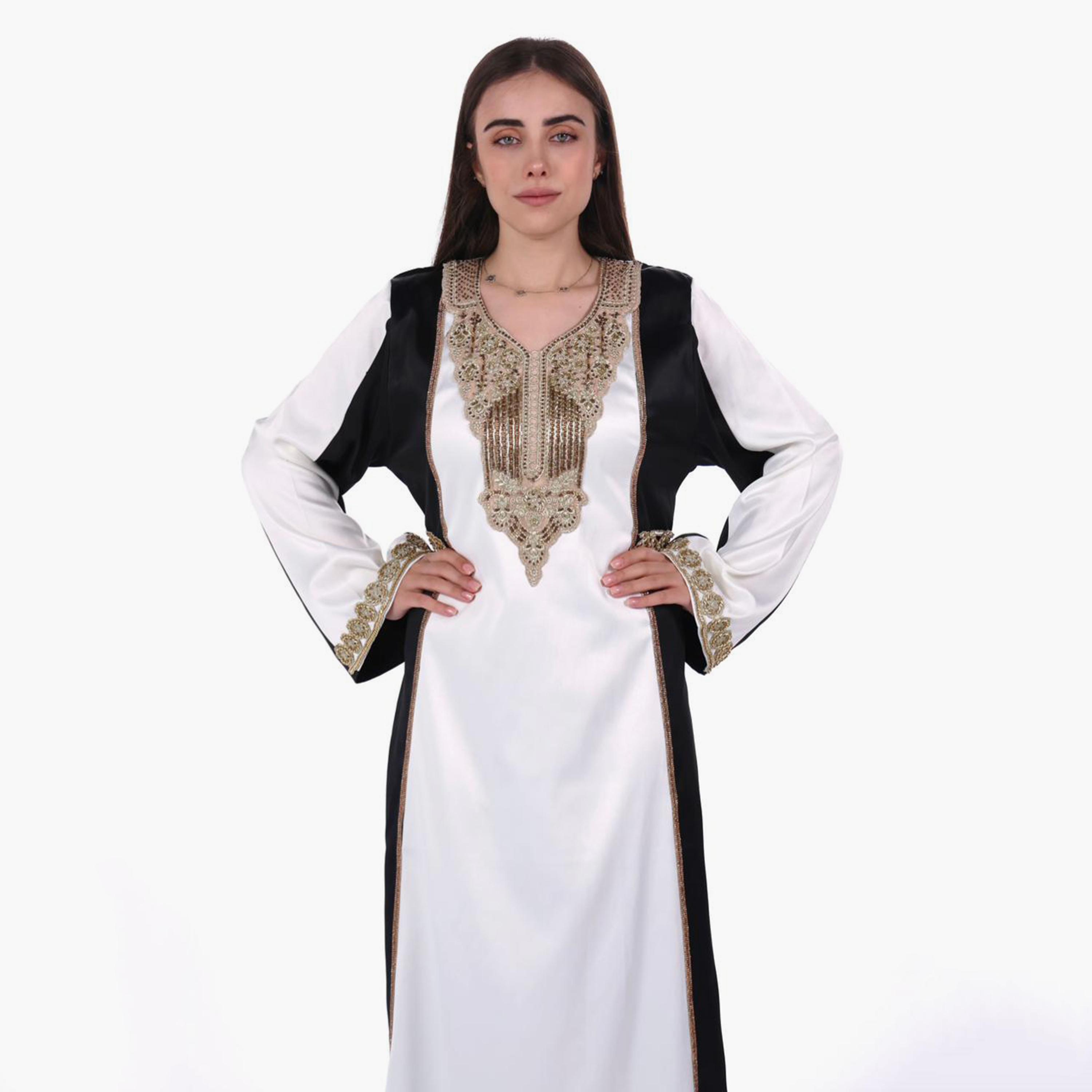 جلابية سهرة نسائية بتصميم ألوان متباينة وأكمام واسعة قماش ساتان من البنت الشرقية-women-arabicclothing-jalabiyas-image-3