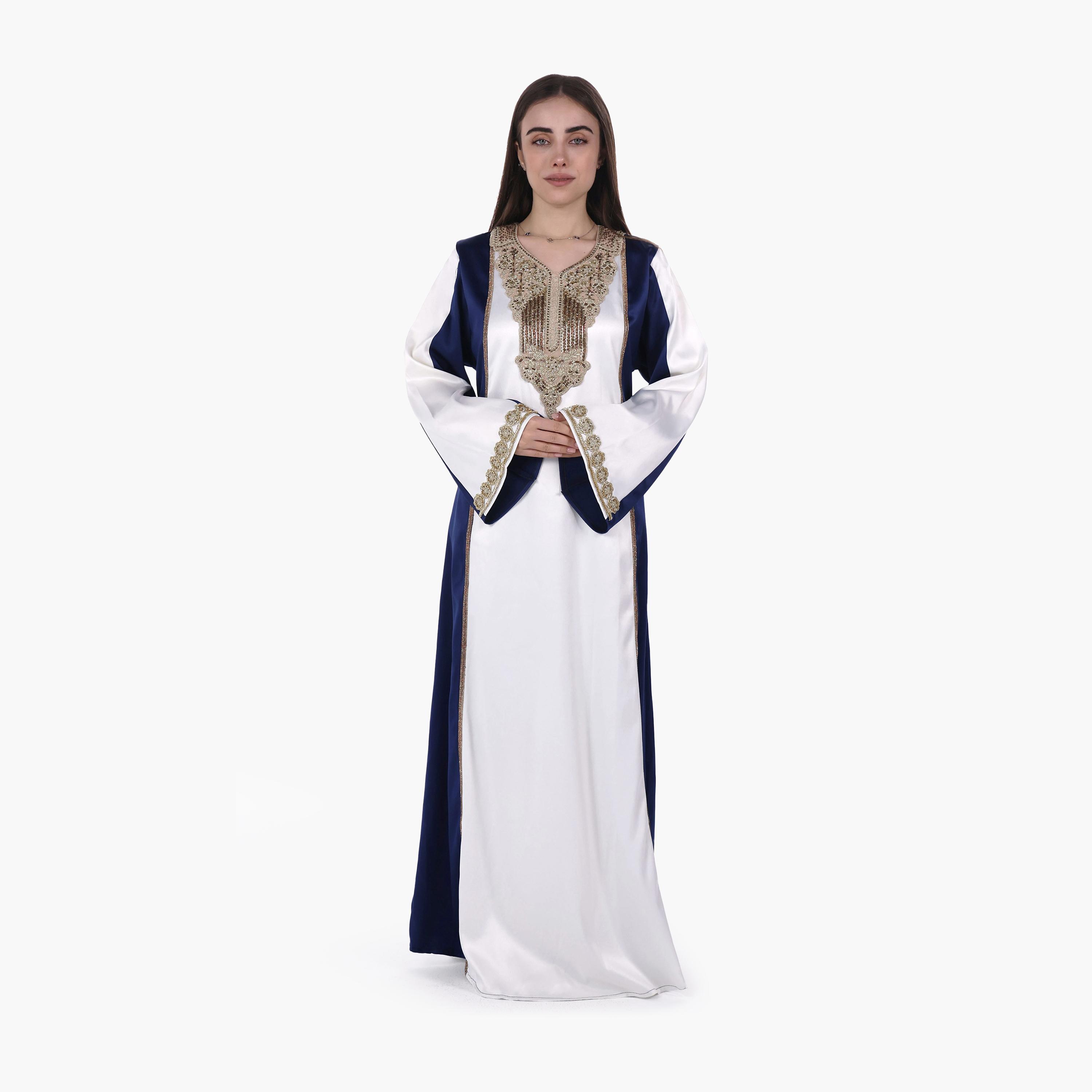 AL BENT AL SHARQIEH Colour-Blocked Flared Sleeves Satin Women's Evening Jalabiya-women-arabicclothing-jalabiyas-image-1