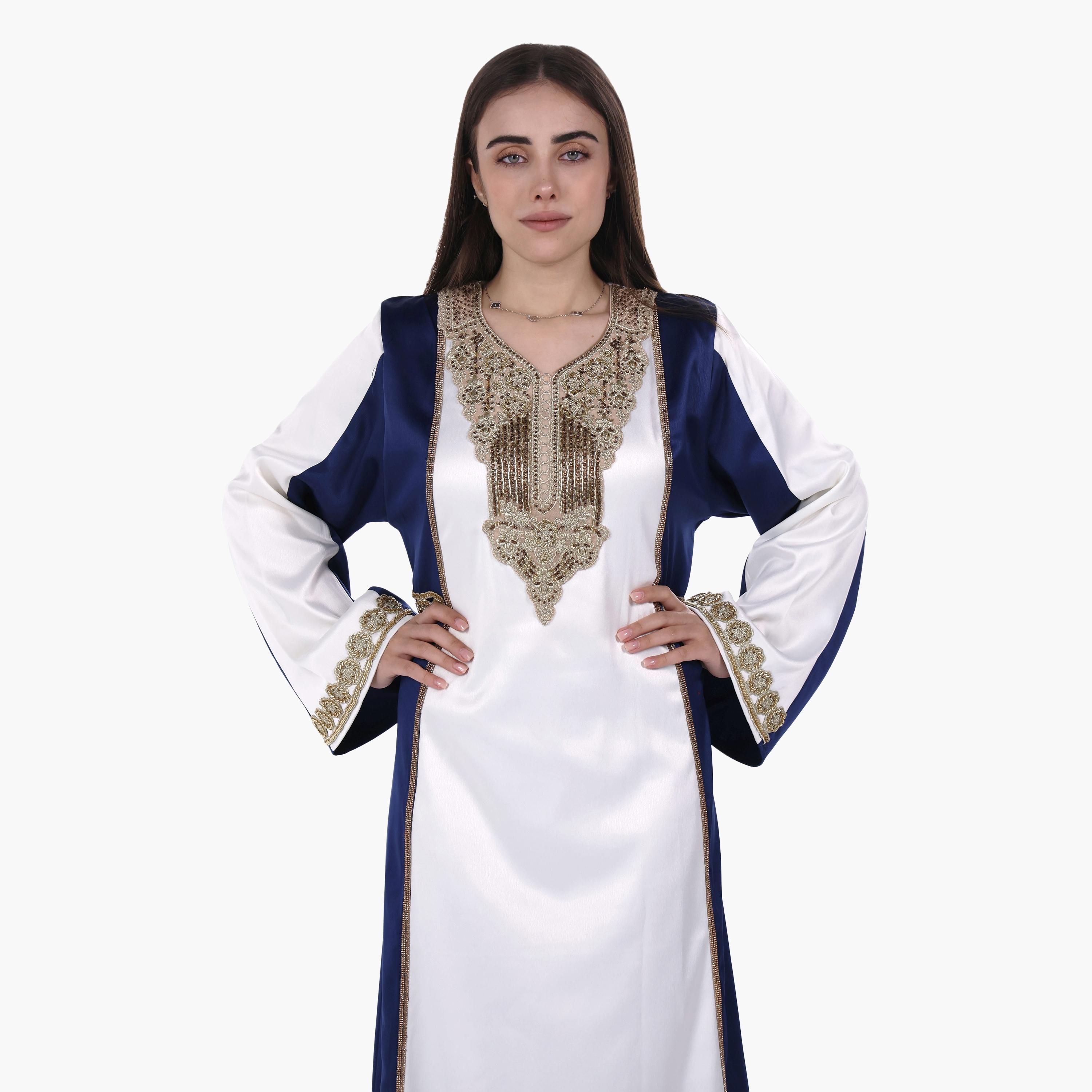 AL BENT AL SHARQIEH Colour-Blocked Flared Sleeves Satin Women's Evening Jalabiya-women-arabicclothing-jalabiyas-image-2