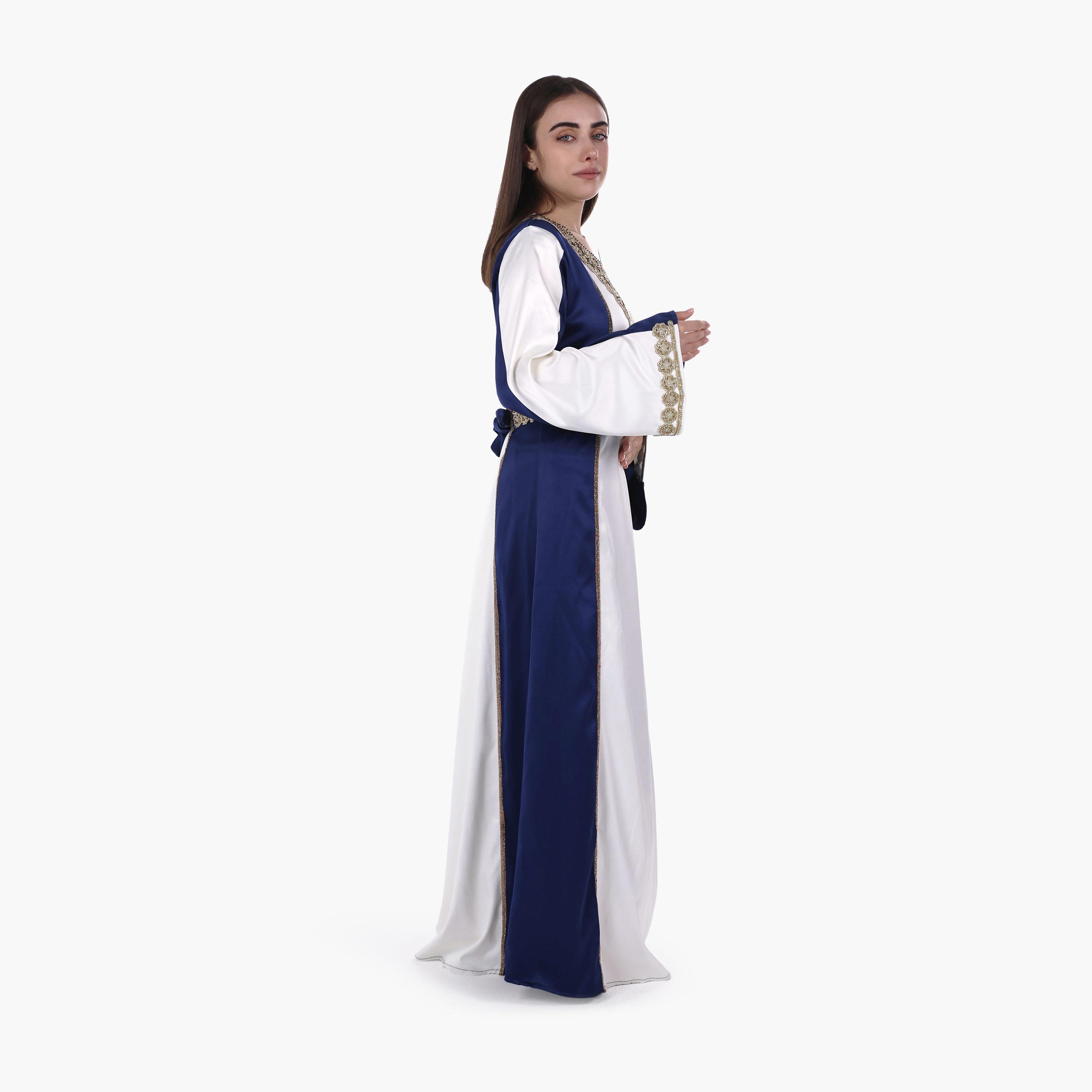 AL BENT AL SHARQIEH Colour-Blocked Flared Sleeves Satin Women's Evening Jalabiya-women-arabicclothing-jalabiyas-image-3