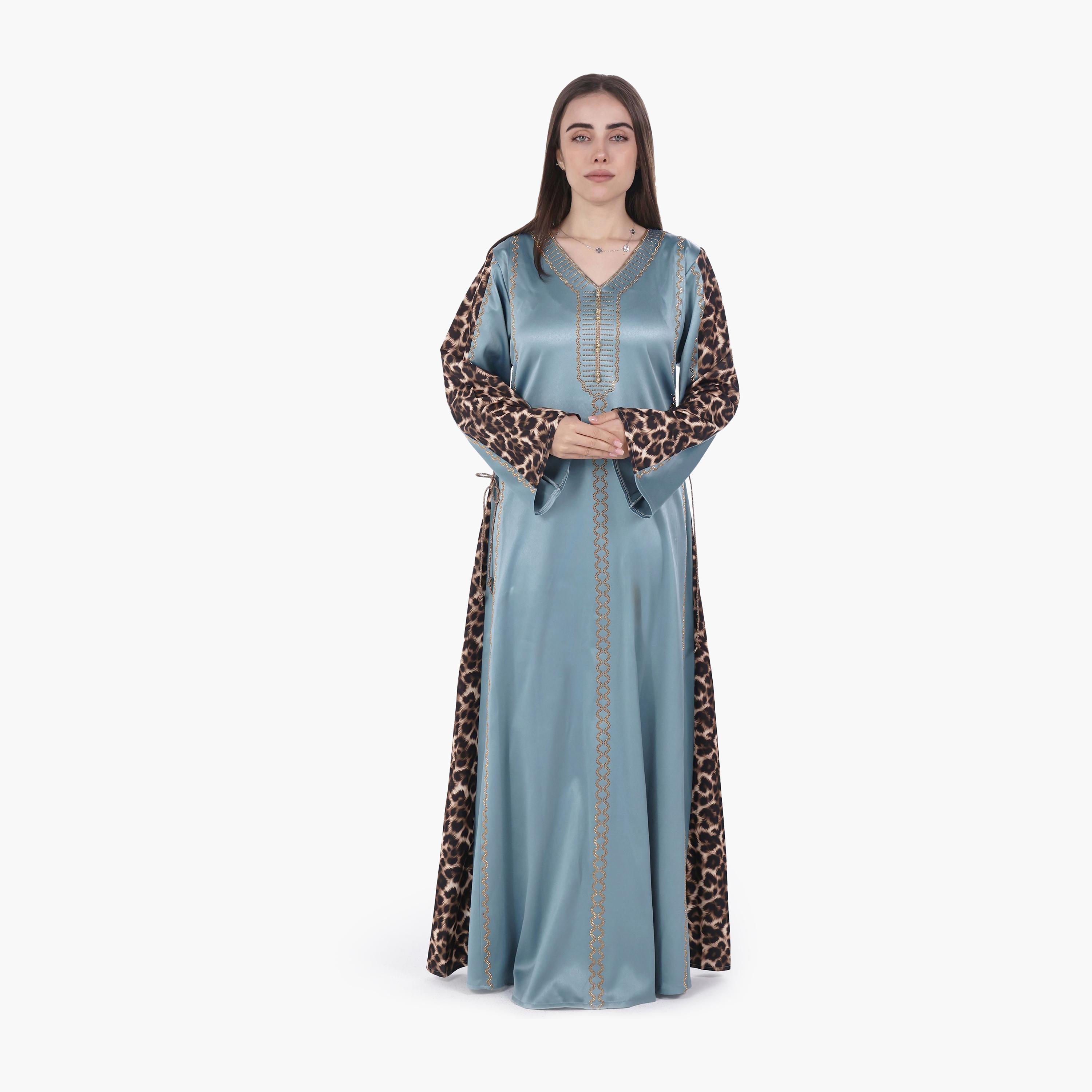 AL BENT AL SHARQIEH Hotfix Stone Animal Print Sleeves Satin Women's Evening Jalabiya-women-arabicclothing-jalabiyas-image-1