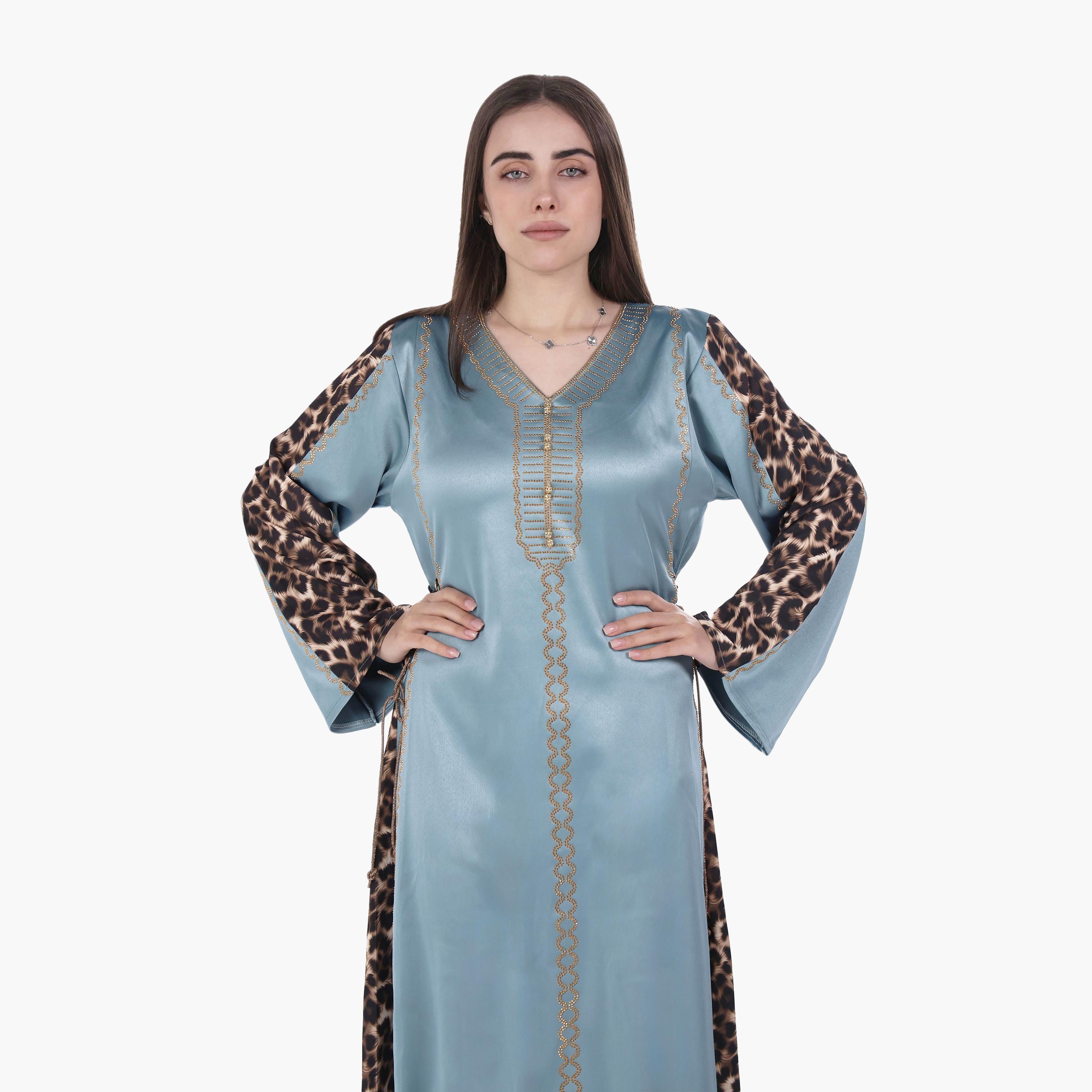AL BENT AL SHARQIEH Hotfix Stone Animal Print Sleeves Satin Women's Evening Jalabiya-women-arabicclothing-jalabiyas-image-2