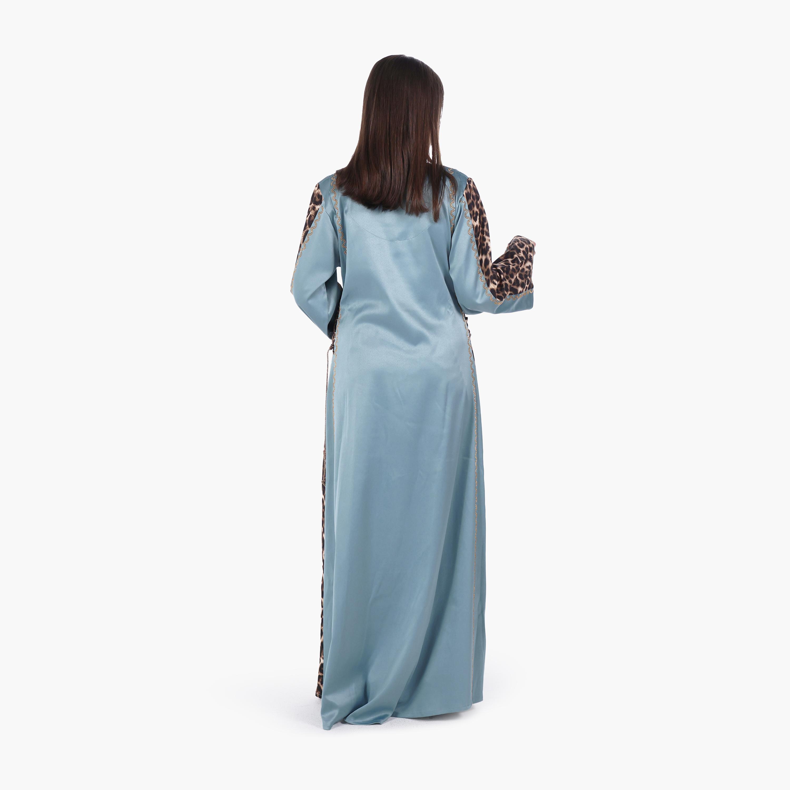 AL BENT AL SHARQIEH Hotfix Stone Animal Print Sleeves Satin Women's Evening Jalabiya-women-arabicclothing-jalabiyas-image-3