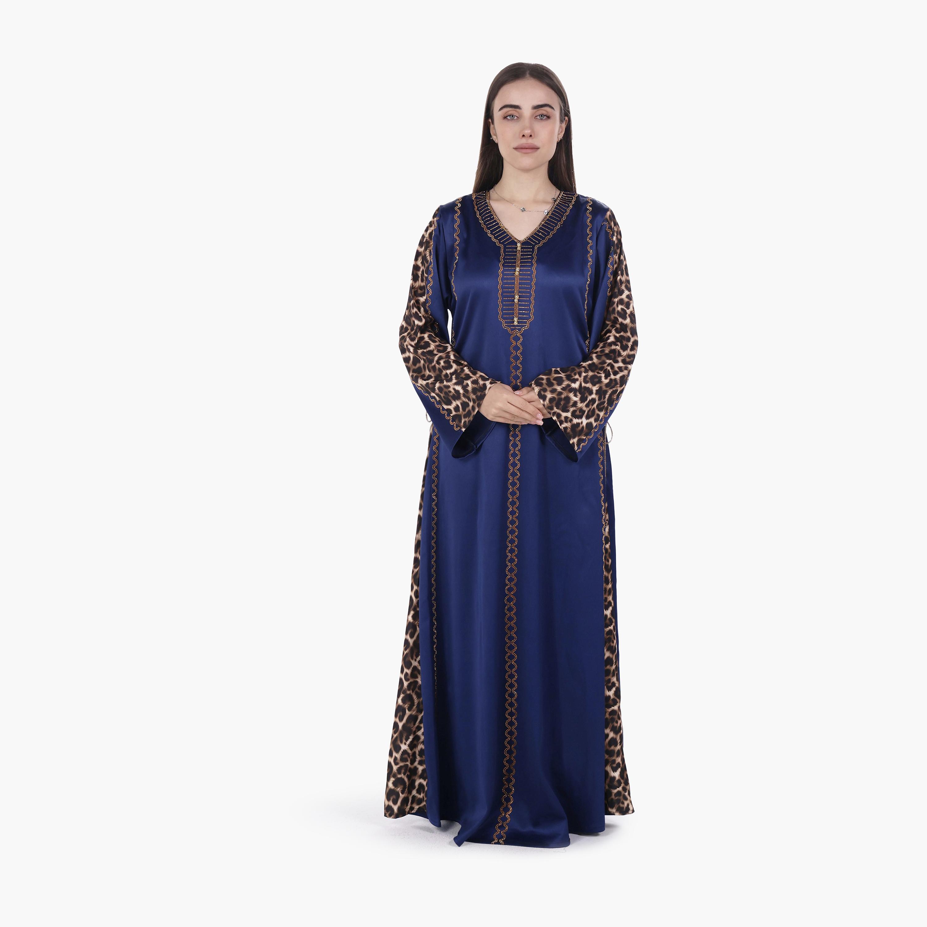 AL BENT AL SHARQIEH Hotfix Stone Animal Print Sleeves Satin Women's Evening Jalabiya-women-arabicclothing-jalabiyas-image-1