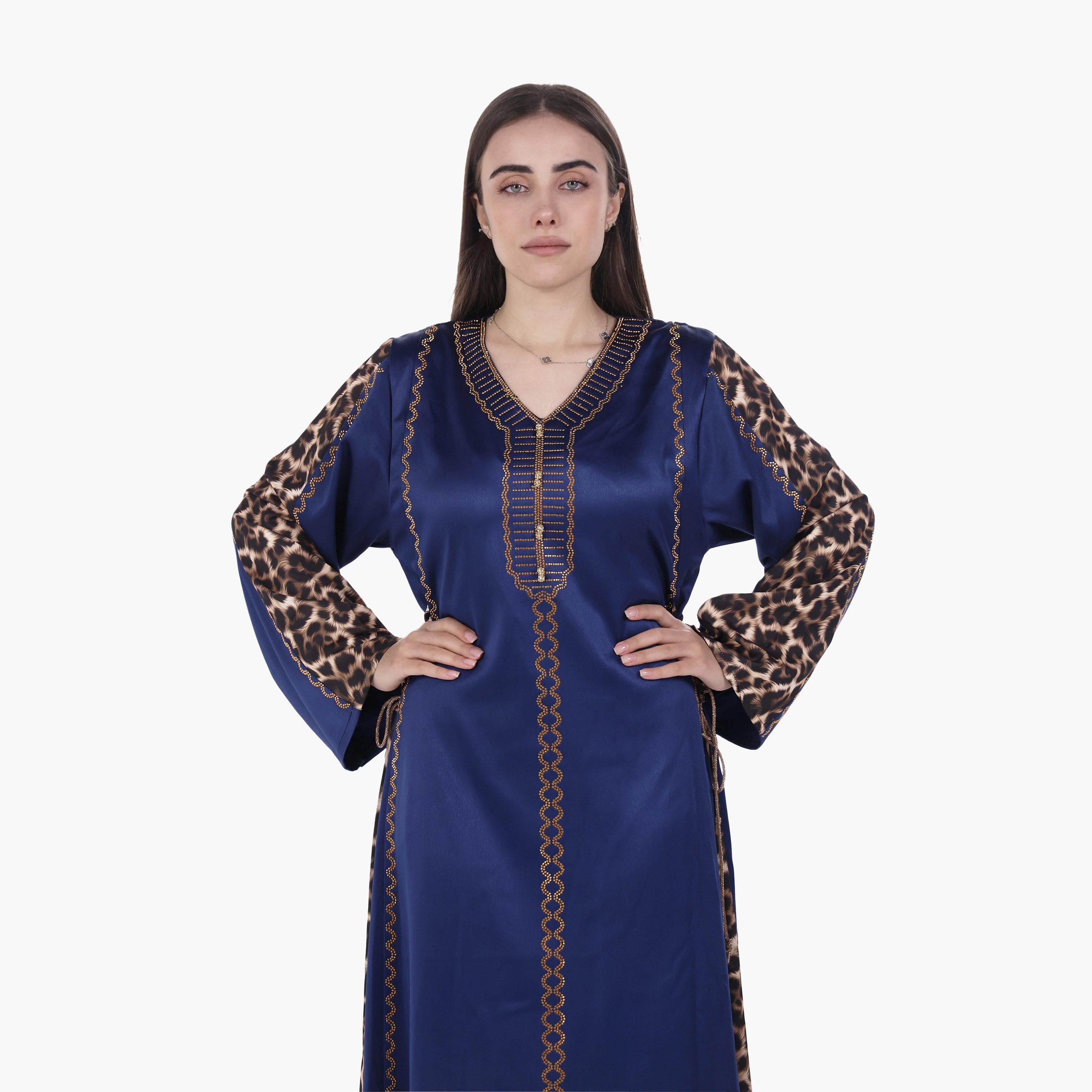 AL BENT AL SHARQIEH Hotfix Stone Animal Print Sleeves Satin Women's Evening Jalabiya-women-arabicclothing-jalabiyas-image-2