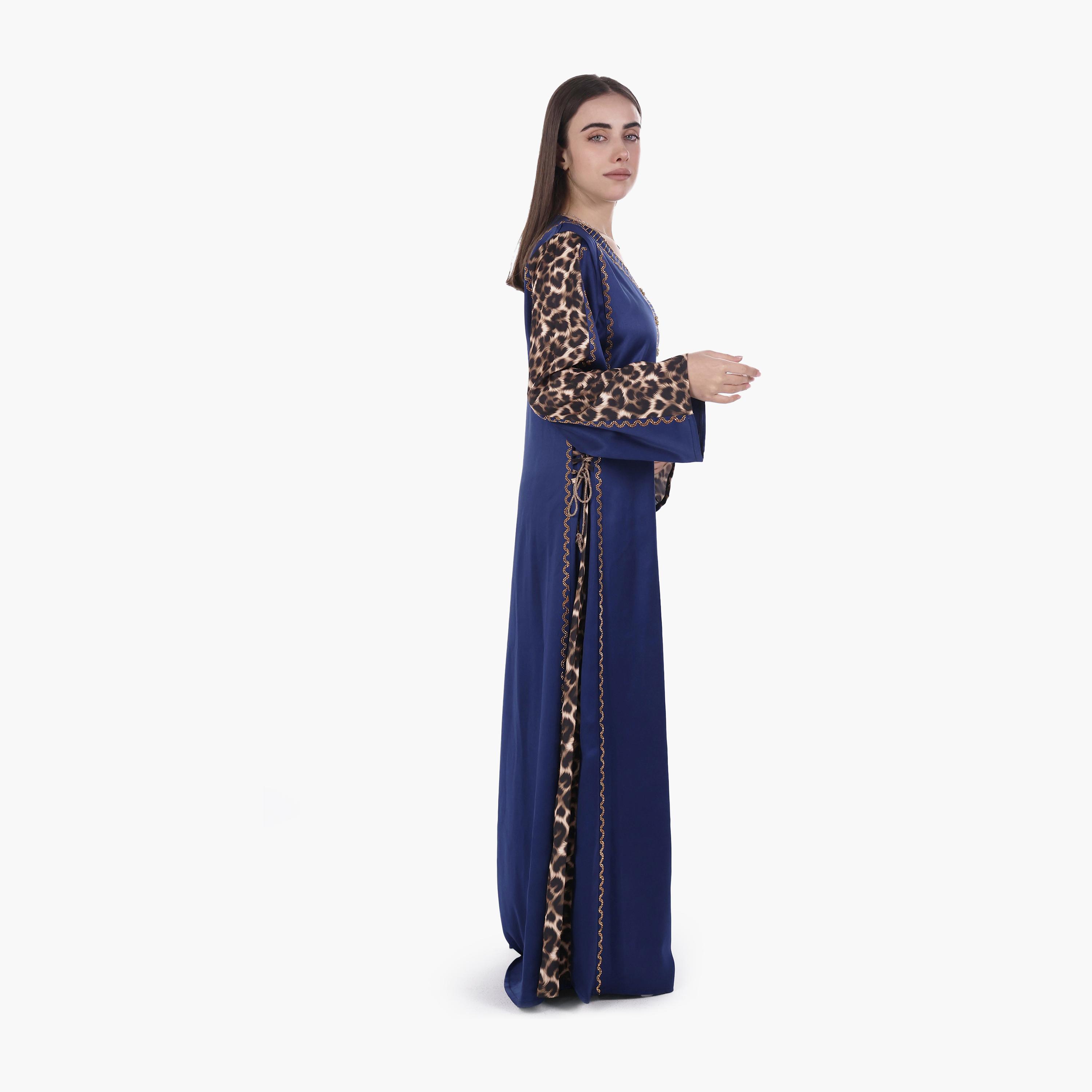 AL BENT AL SHARQIEH Hotfix Stone Animal Print Sleeves Satin Women's Evening Jalabiya-women-arabicclothing-jalabiyas-image-3