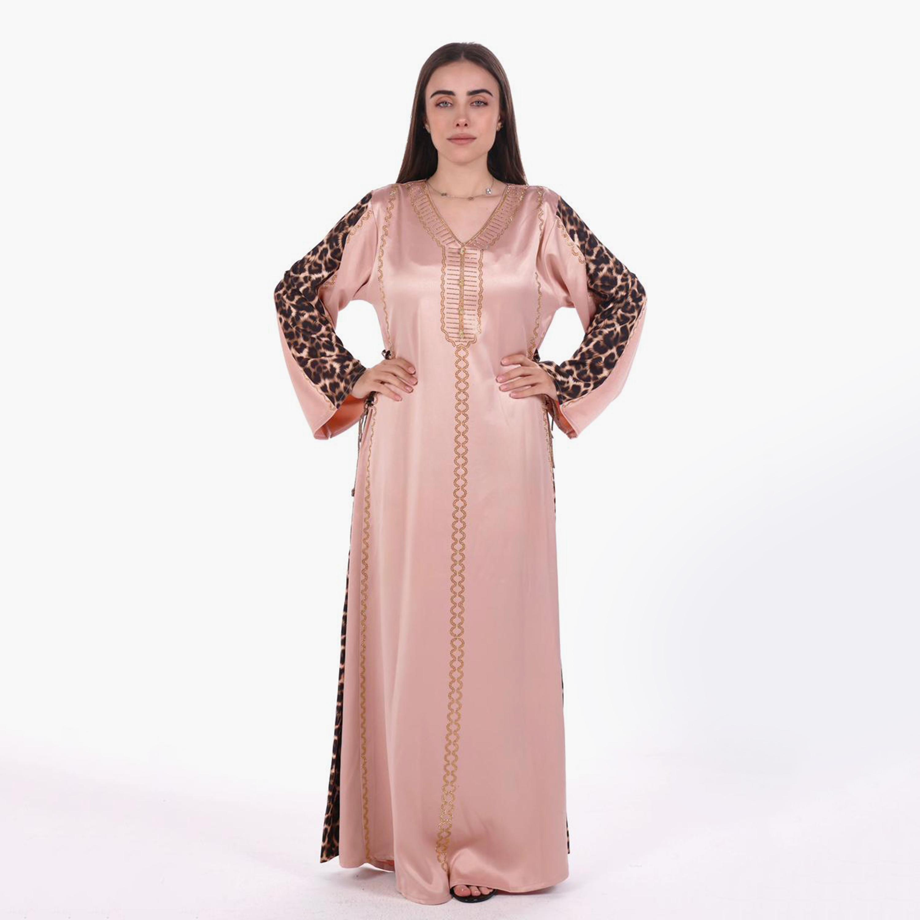 AL BENT AL SHARQIEH Hotfix Stone Animal Print Sleeves Satin Women's Evening Jalabiya-women-arabicclothing-jalabiyas-image-1