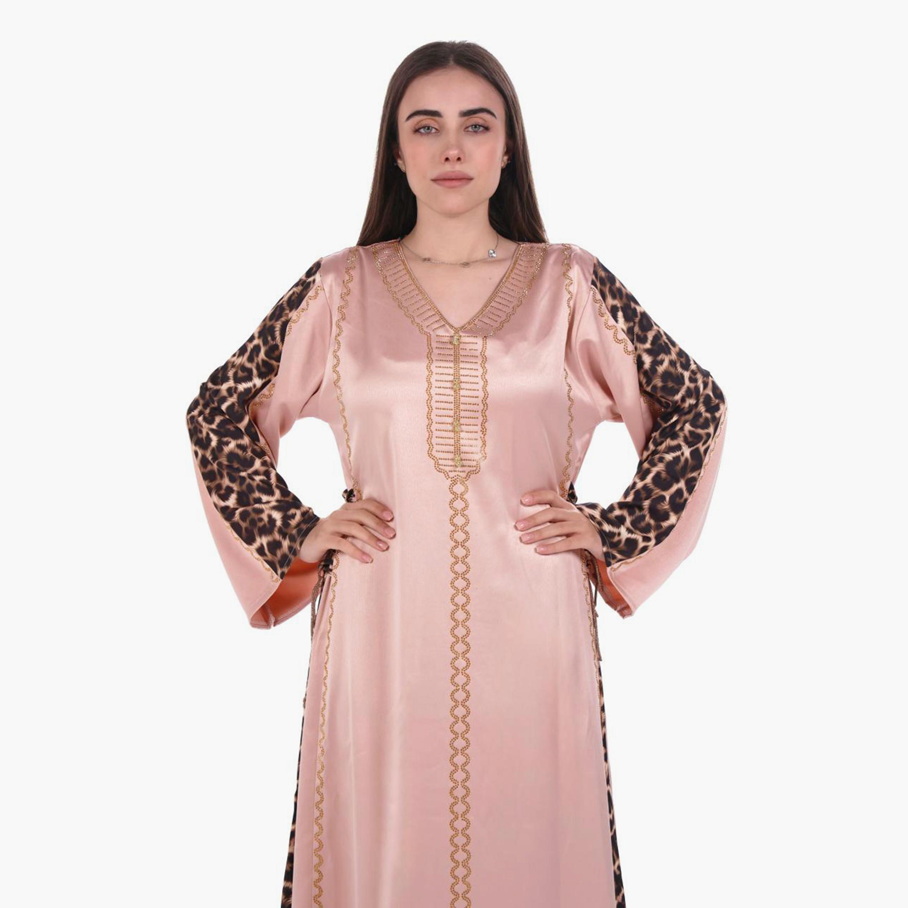 AL BENT AL SHARQIEH Hotfix Stone Animal Print Sleeves Satin Women's Evening Jalabiya-women-arabicclothing-jalabiyas-image-2