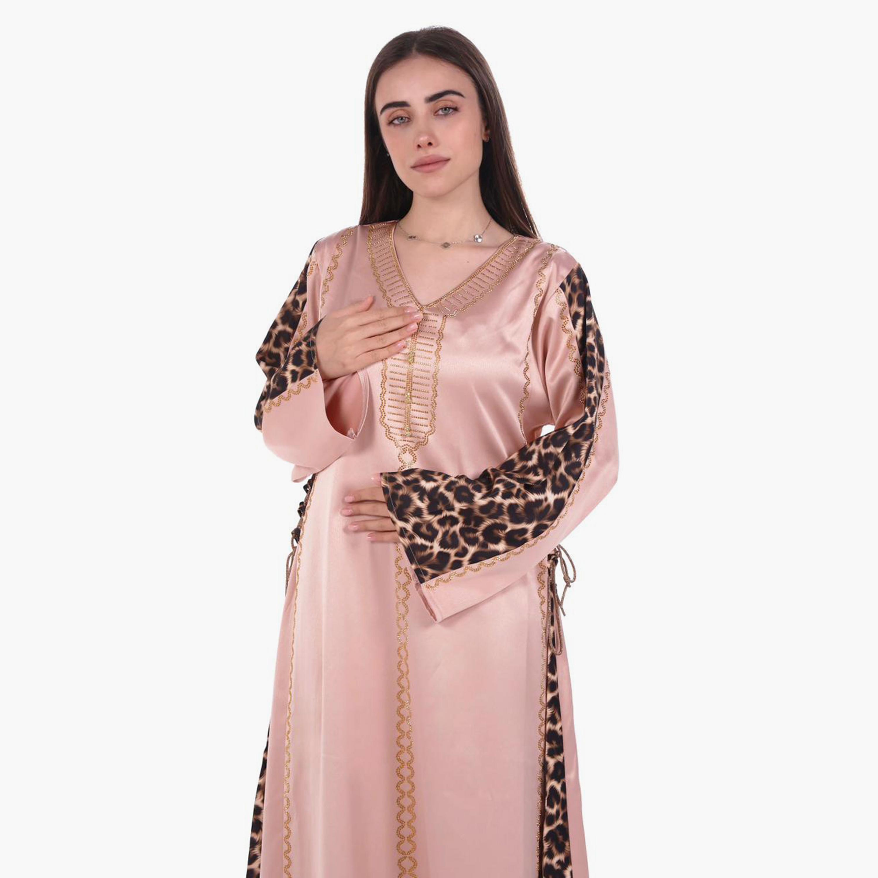 AL BENT AL SHARQIEH Hotfix Stone Animal Print Sleeves Satin Women's Evening Jalabiya-women-arabicclothing-jalabiyas-image-3