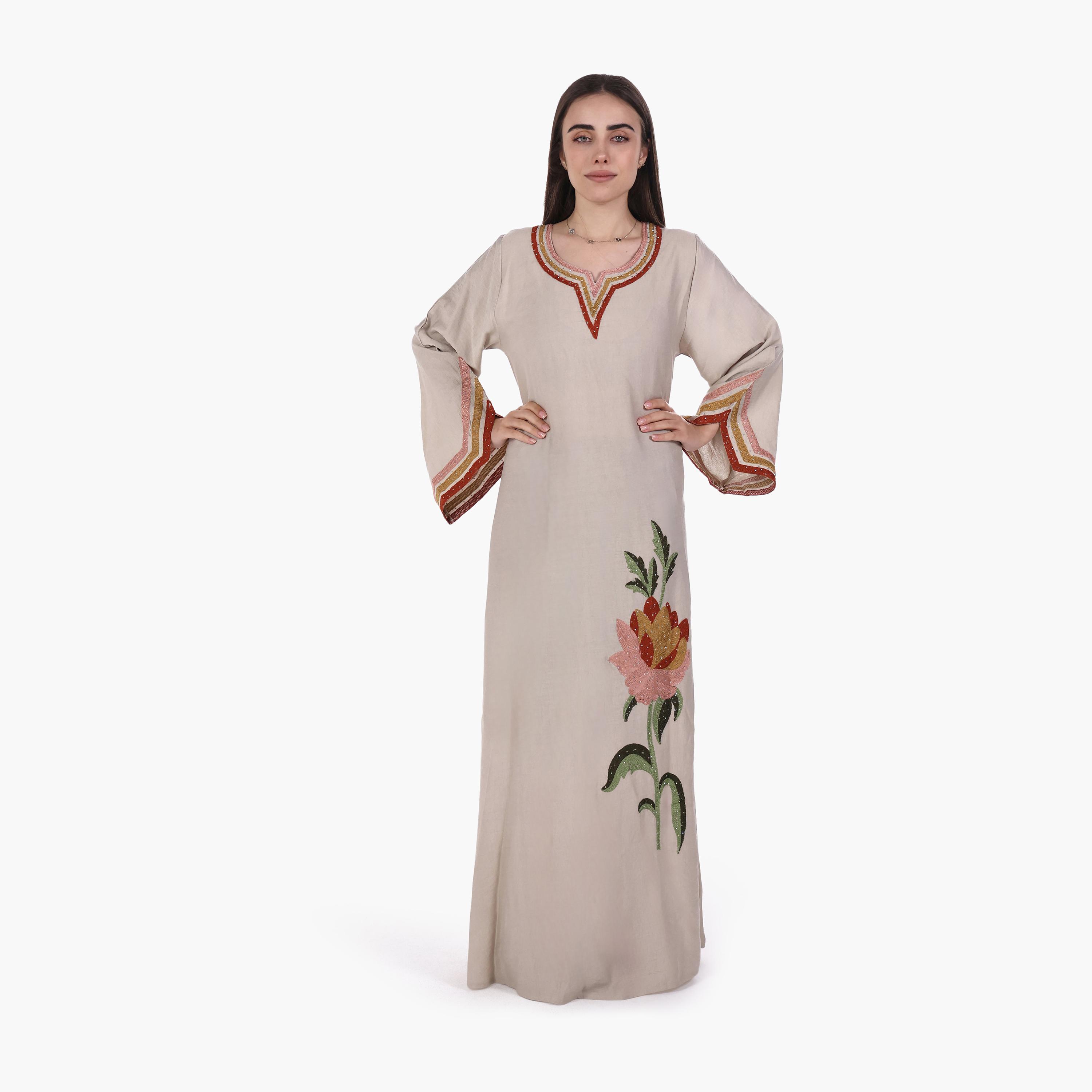 AL BENT AL SHARQIEH Floral Embroidered Flared Sleeves Linen Women's Mukhawar Jalabiya-women-arabicclothing-jalabiyas-image-1