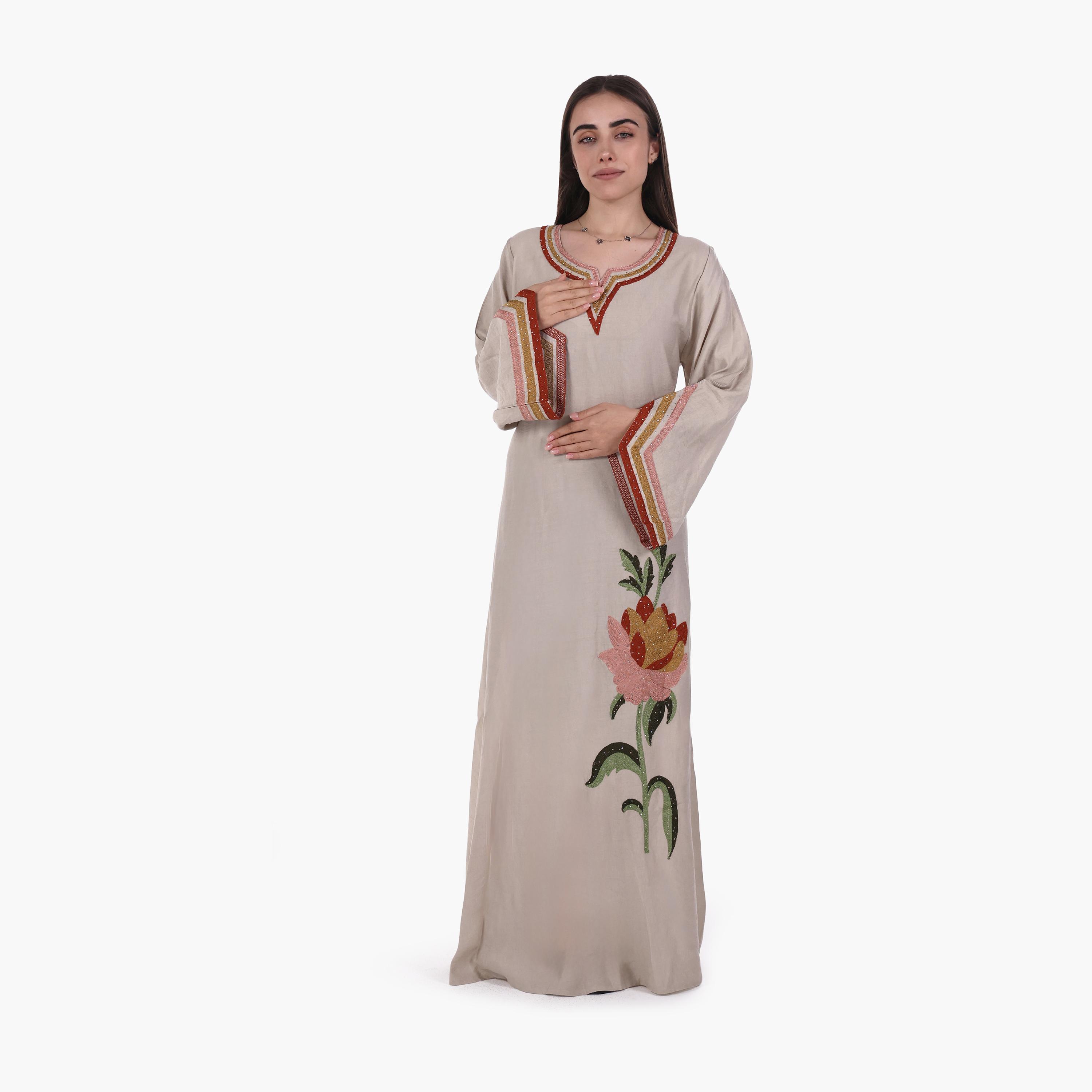 AL BENT AL SHARQIEH Floral Embroidered Flared Sleeves Linen Women's Mukhawar Jalabiya-women-arabicclothing-jalabiyas-image-3