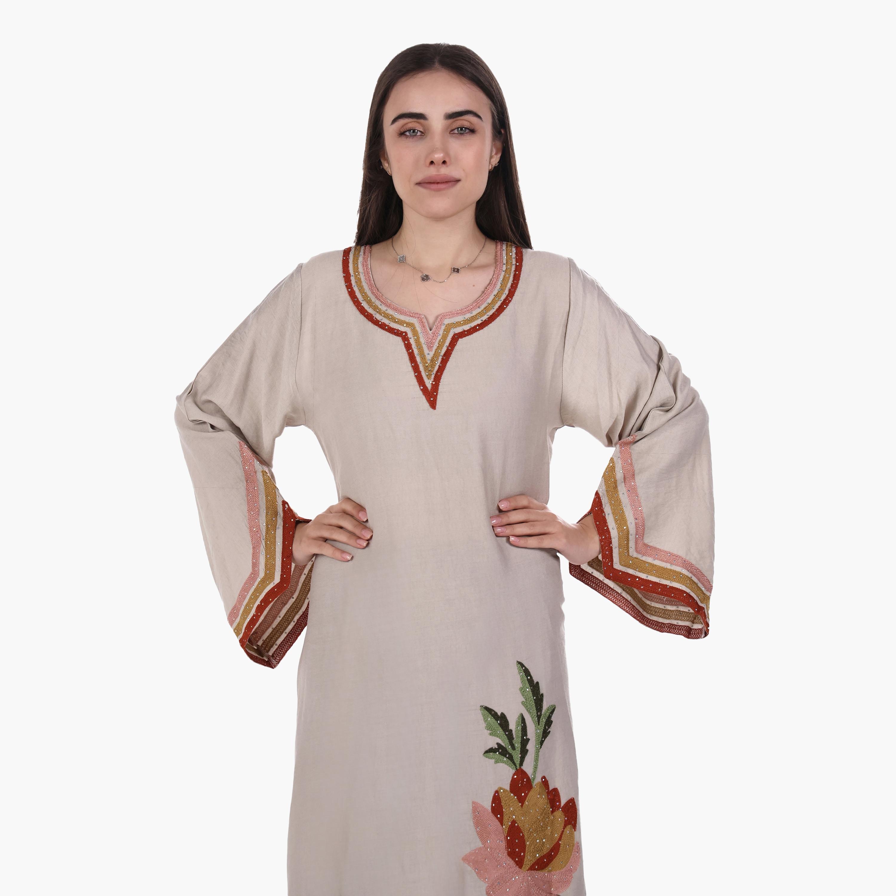AL BENT AL SHARQIEH Floral Embroidered Flared Sleeves Linen Women's Mukhawar Jalabiya-women-arabicclothing-jalabiyas-image-4