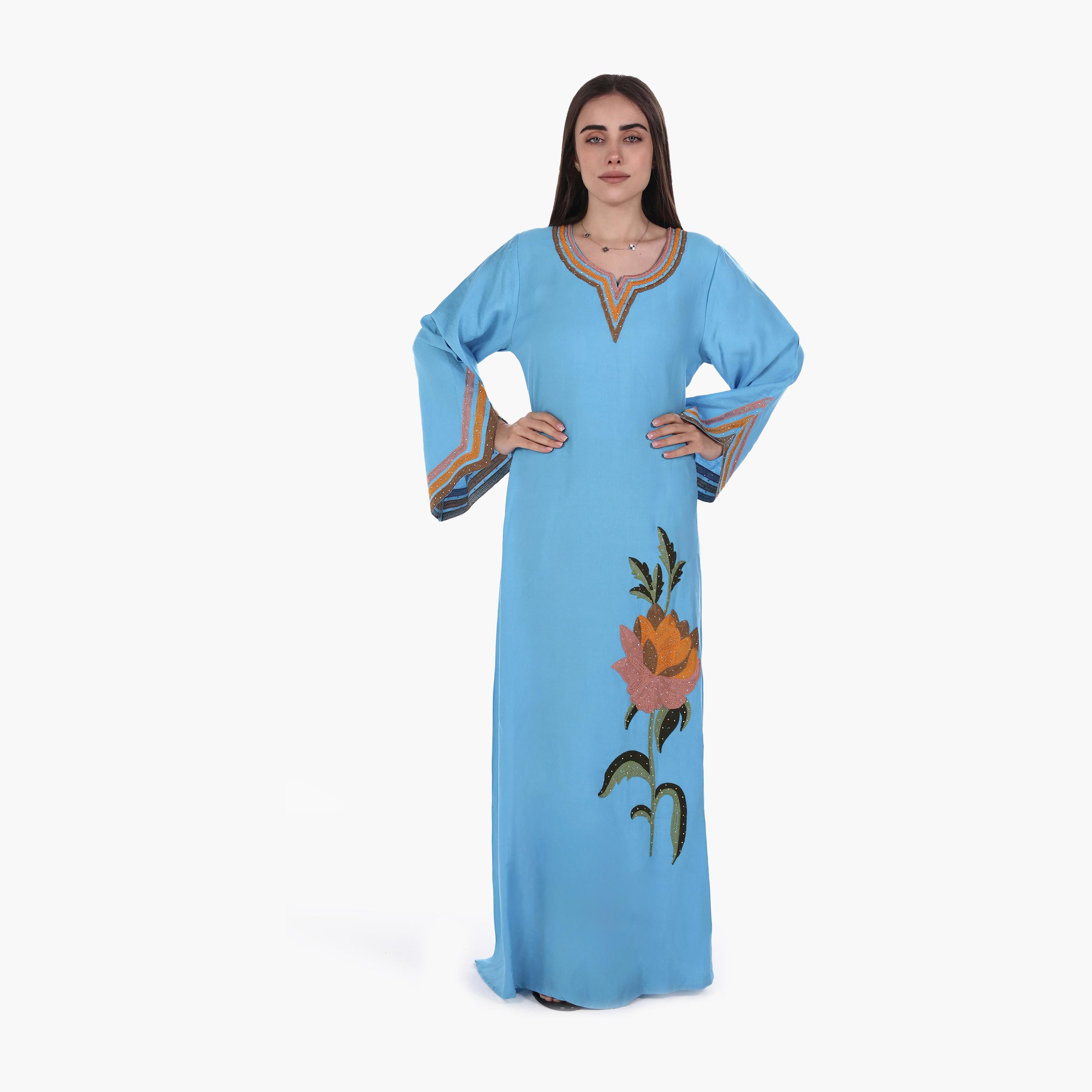 AL BENT AL SHARQIEH Floral Embroidered Flared Sleeves Linen Women's Mukhawar Jalabiya-women-arabicclothing-jalabiyas-image-1