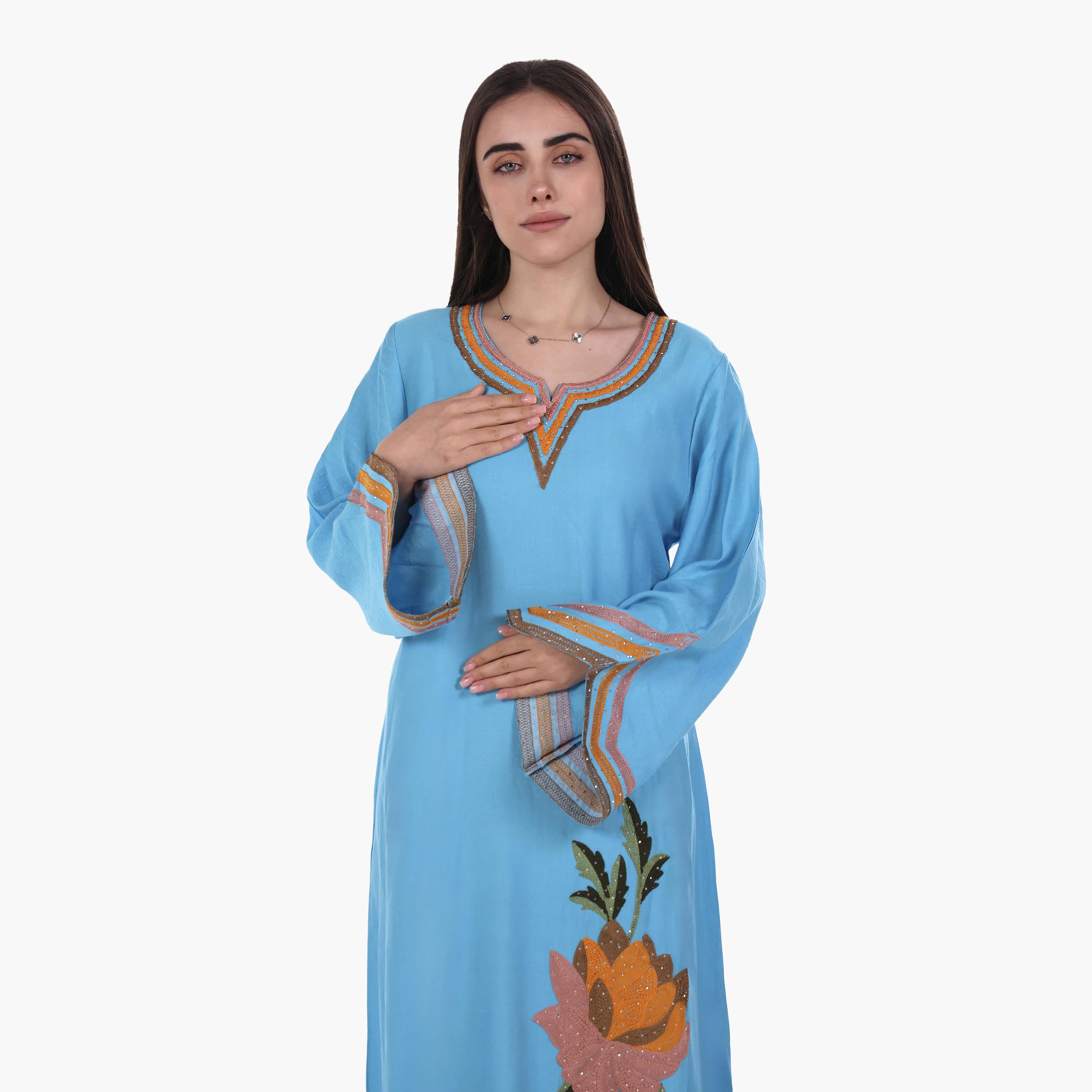 AL BENT AL SHARQIEH Floral Embroidered Flared Sleeves Linen Women's Mukhawar Jalabiya-women-arabicclothing-jalabiyas-image-2