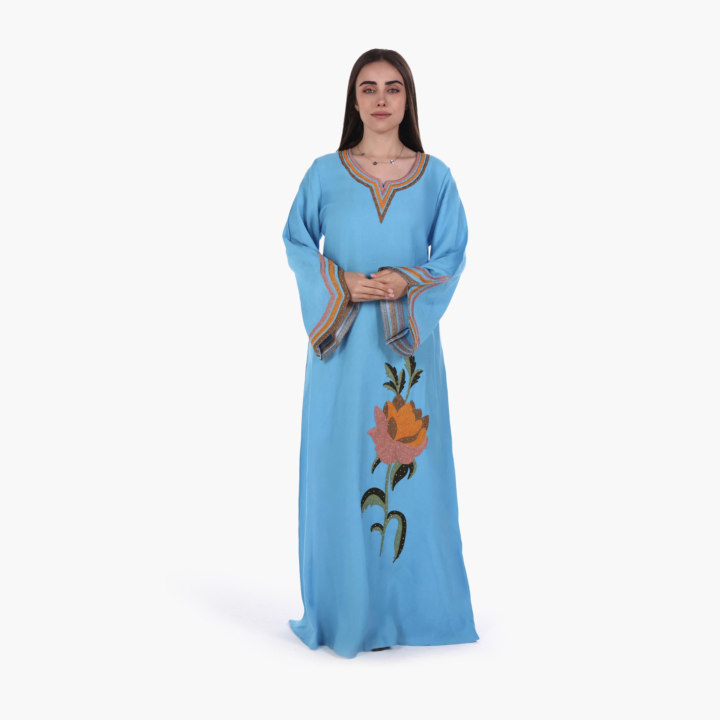 AL BENT AL SHARQIEH Floral Embroidered Flared Sleeves Linen Women's Mukhawar Jalabiya-women-arabicclothing-jalabiyas-image-3