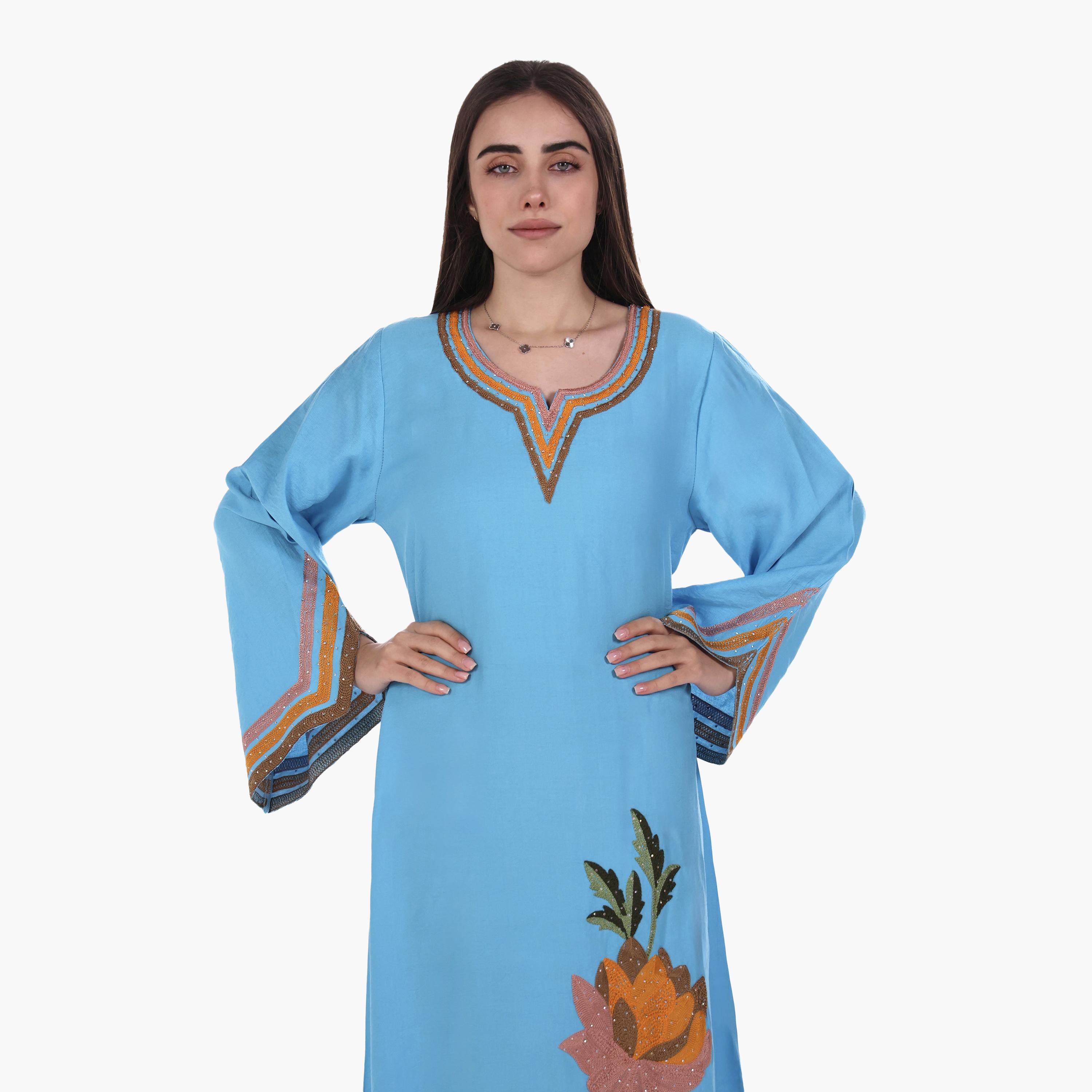 AL BENT AL SHARQIEH Floral Embroidered Flared Sleeves Linen Women's Mukhawar Jalabiya-women-arabicclothing-jalabiyas-image-4