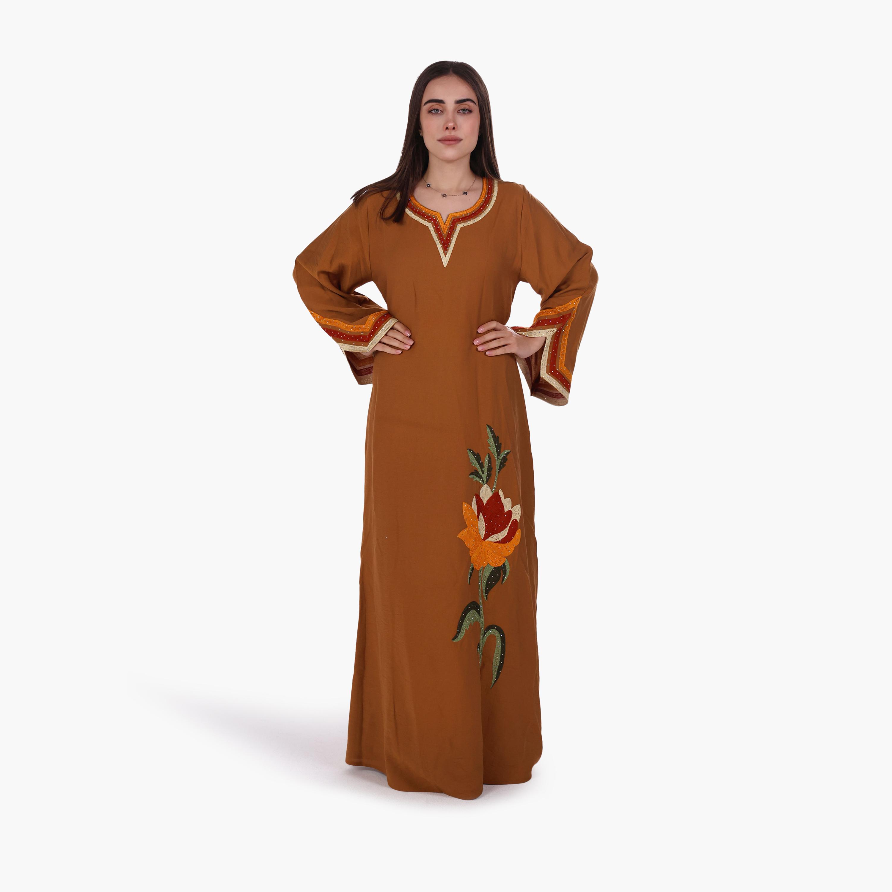 AL BENT AL SHARQIEH Floral Embroidered Flared Sleeves Linen Women's Mukhawar Jalabiya-women-arabicclothing-jalabiyas-image-1