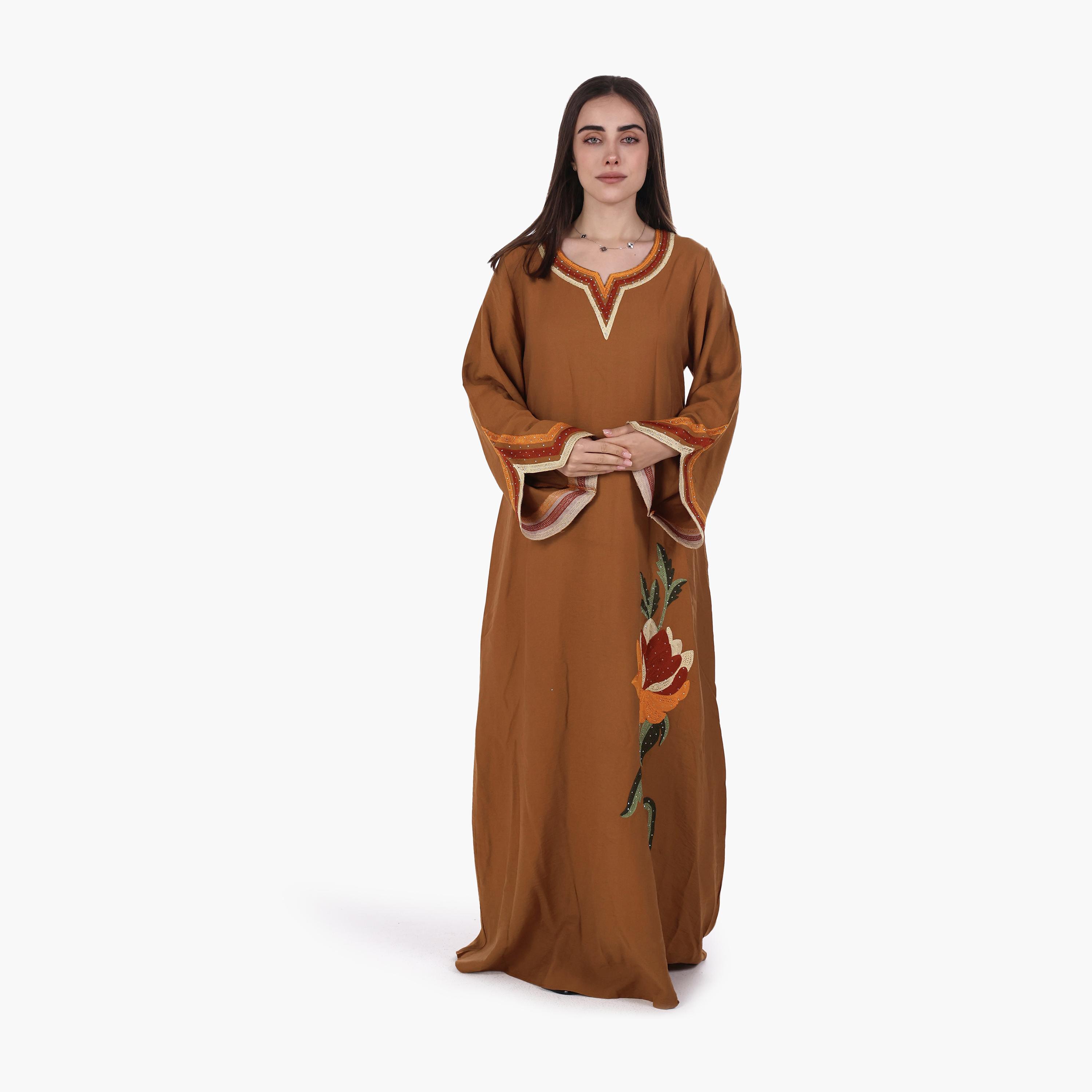 AL BENT AL SHARQIEH Floral Embroidered Flared Sleeves Linen Women's Mukhawar Jalabiya-women-arabicclothing-jalabiyas-image-3