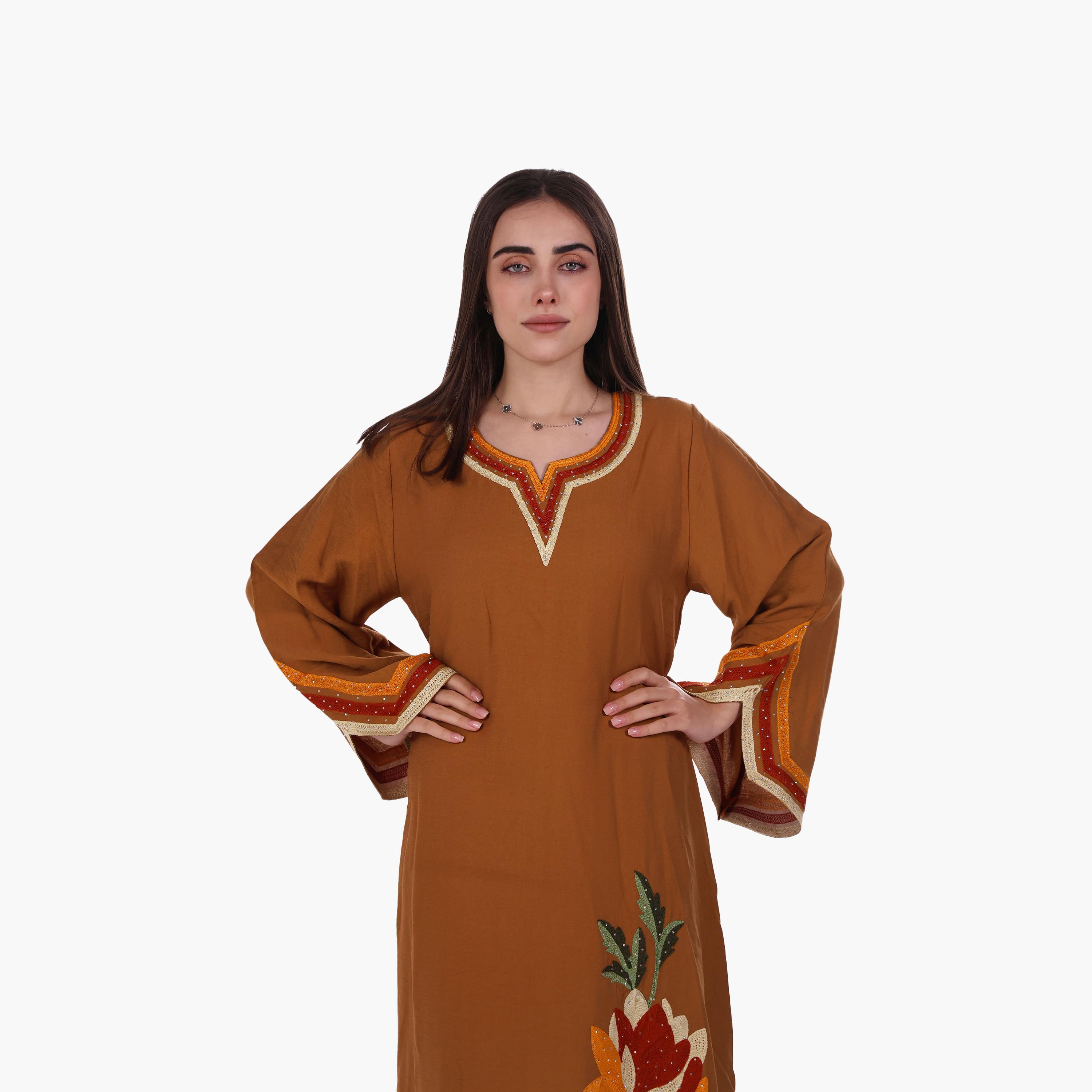 AL BENT AL SHARQIEH Floral Embroidered Flared Sleeves Linen Women's Mukhawar Jalabiya-women-arabicclothing-jalabiyas-image-4