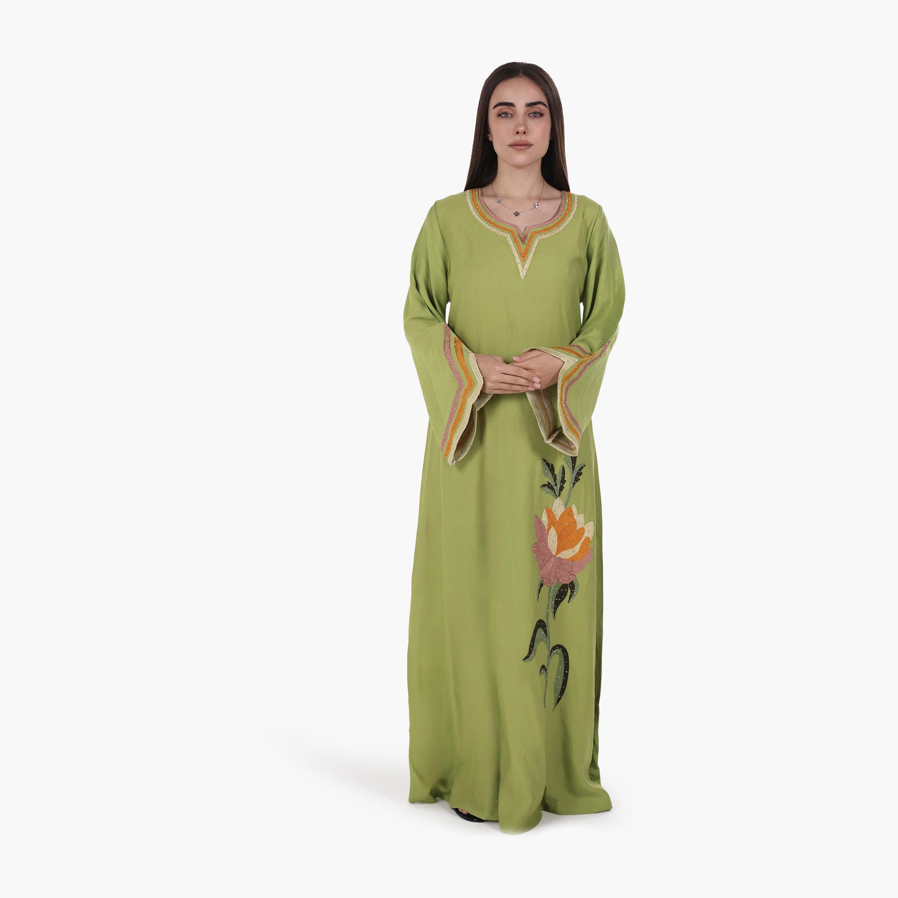 AL BENT AL SHARQIEH Floral Embroidered Flared Sleeves Linen Women's Mukhawar Jalabiya-women-arabicclothing-jalabiyas-image-1