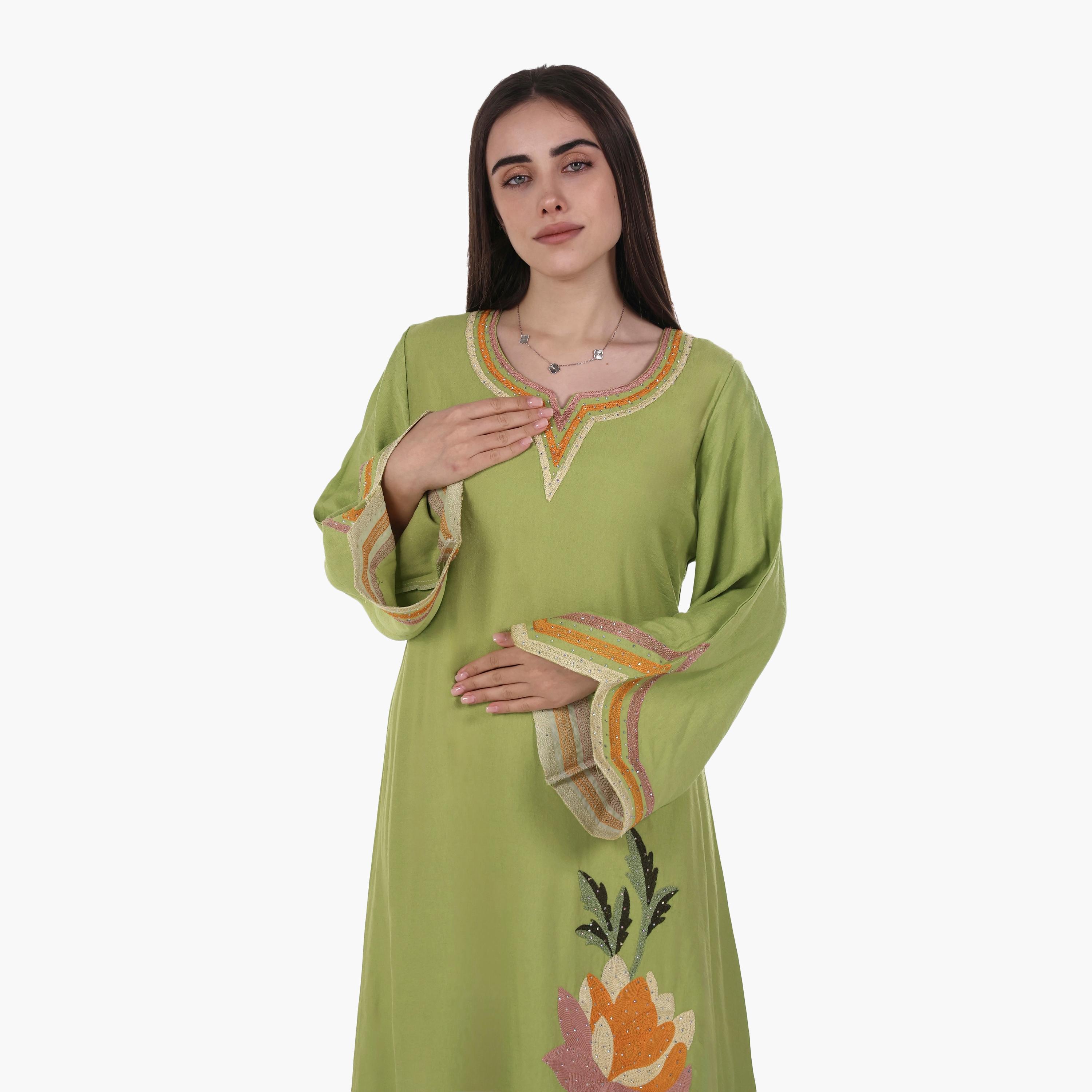 AL BENT AL SHARQIEH Floral Embroidered Flared Sleeves Linen Women's Mukhawar Jalabiya-women-arabicclothing-jalabiyas-image-2