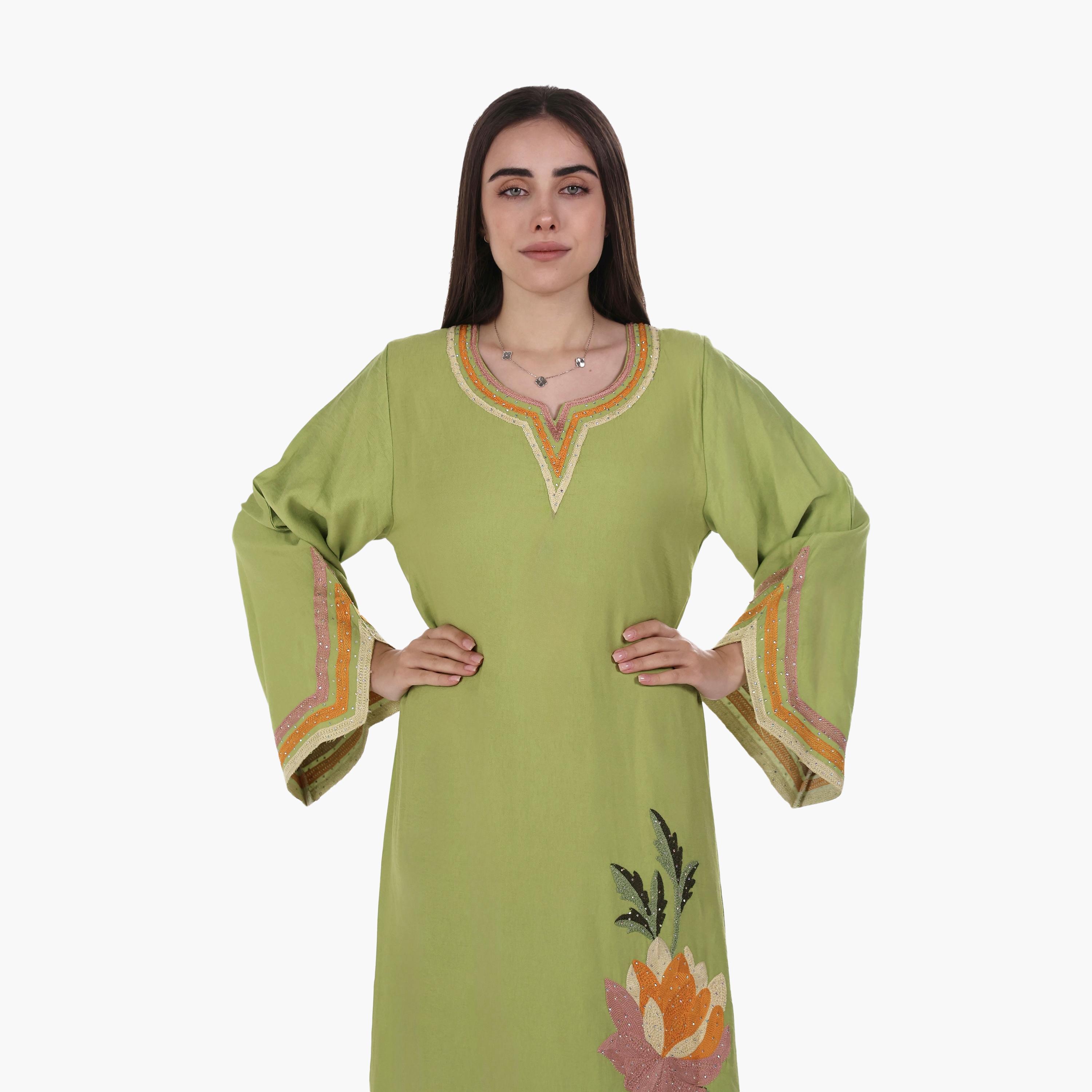 AL BENT AL SHARQIEH Floral Embroidered Flared Sleeves Linen Women's Mukhawar Jalabiya-women-arabicclothing-jalabiyas-image-3