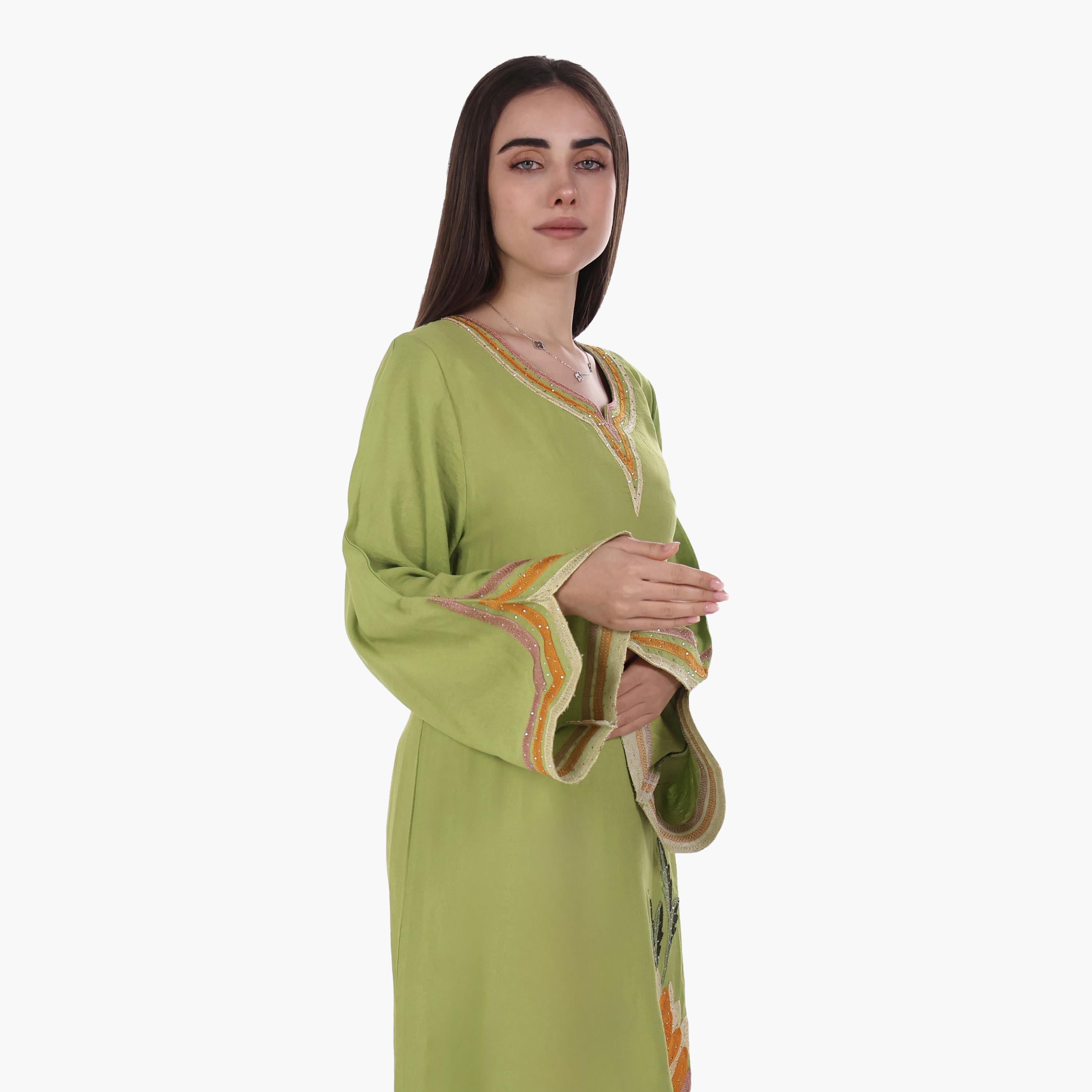 AL BENT AL SHARQIEH Floral Embroidered Flared Sleeves Linen Women's Mukhawar Jalabiya-women-arabicclothing-jalabiyas-image-4