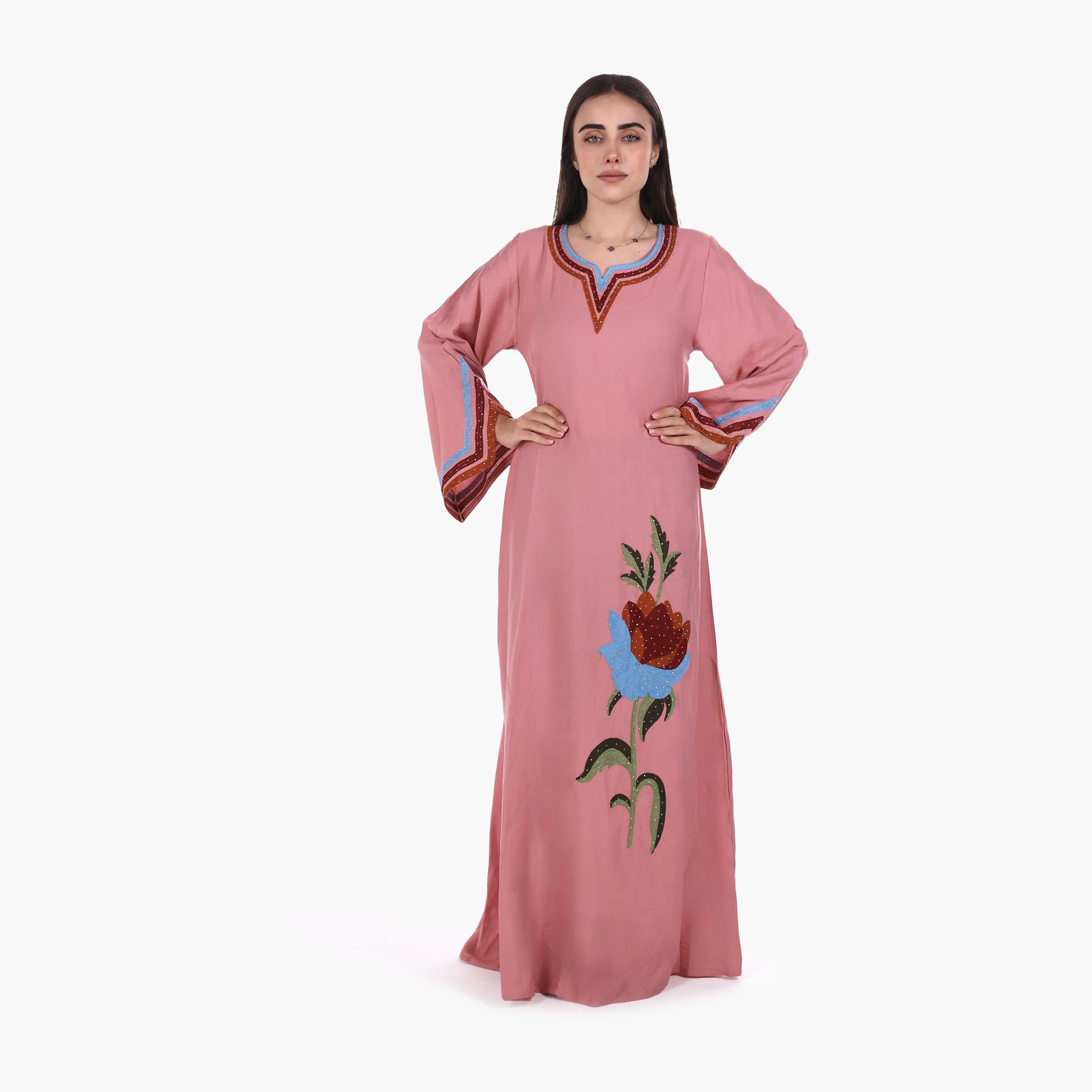 AL BENT AL SHARQIEH Floral Embroidered Flared Sleeves Linen Women's Mukhawar Jalabiya-women-arabicclothing-jalabiyas-image-1