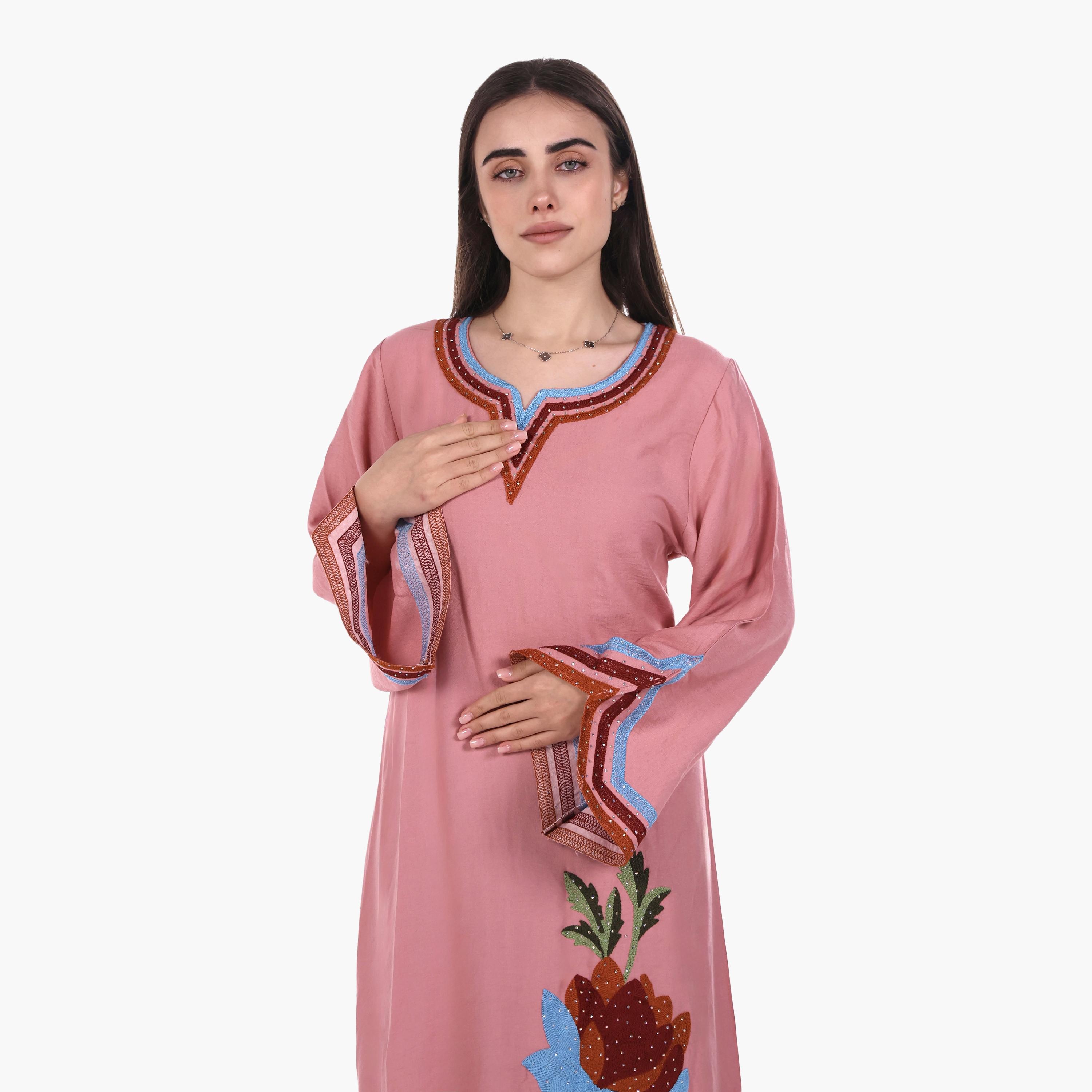 AL BENT AL SHARQIEH Floral Embroidered Flared Sleeves Linen Women's Mukhawar Jalabiya-women-arabicclothing-jalabiyas-image-2