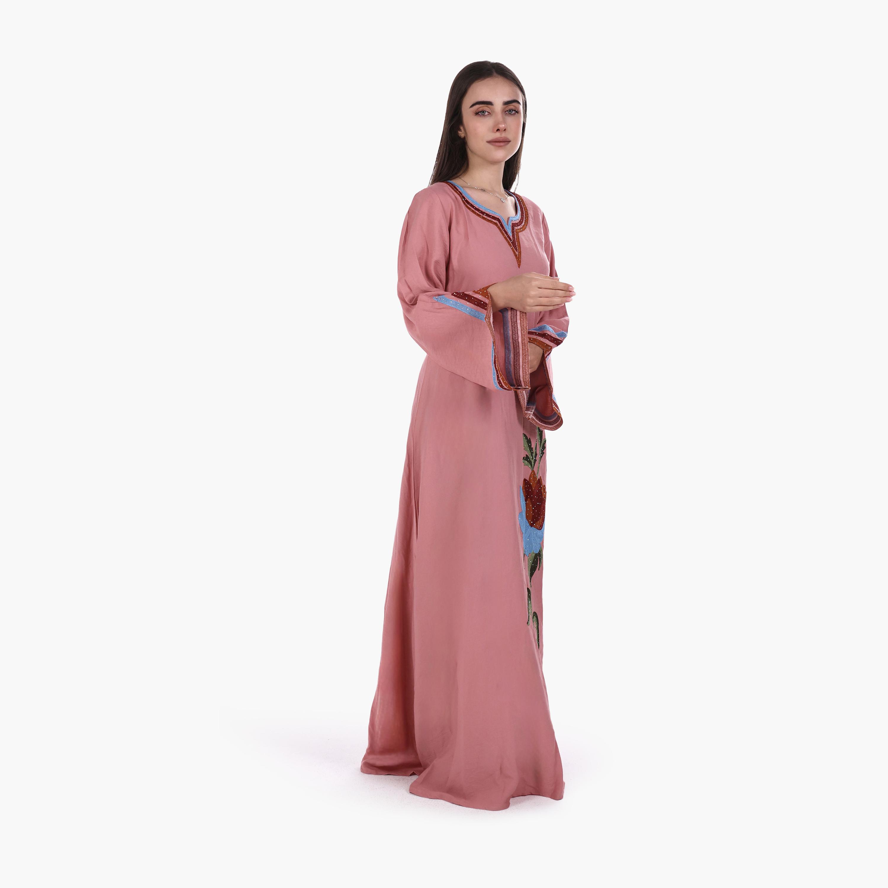 AL BENT AL SHARQIEH Floral Embroidered Flared Sleeves Linen Women's Mukhawar Jalabiya-women-arabicclothing-jalabiyas-image-3