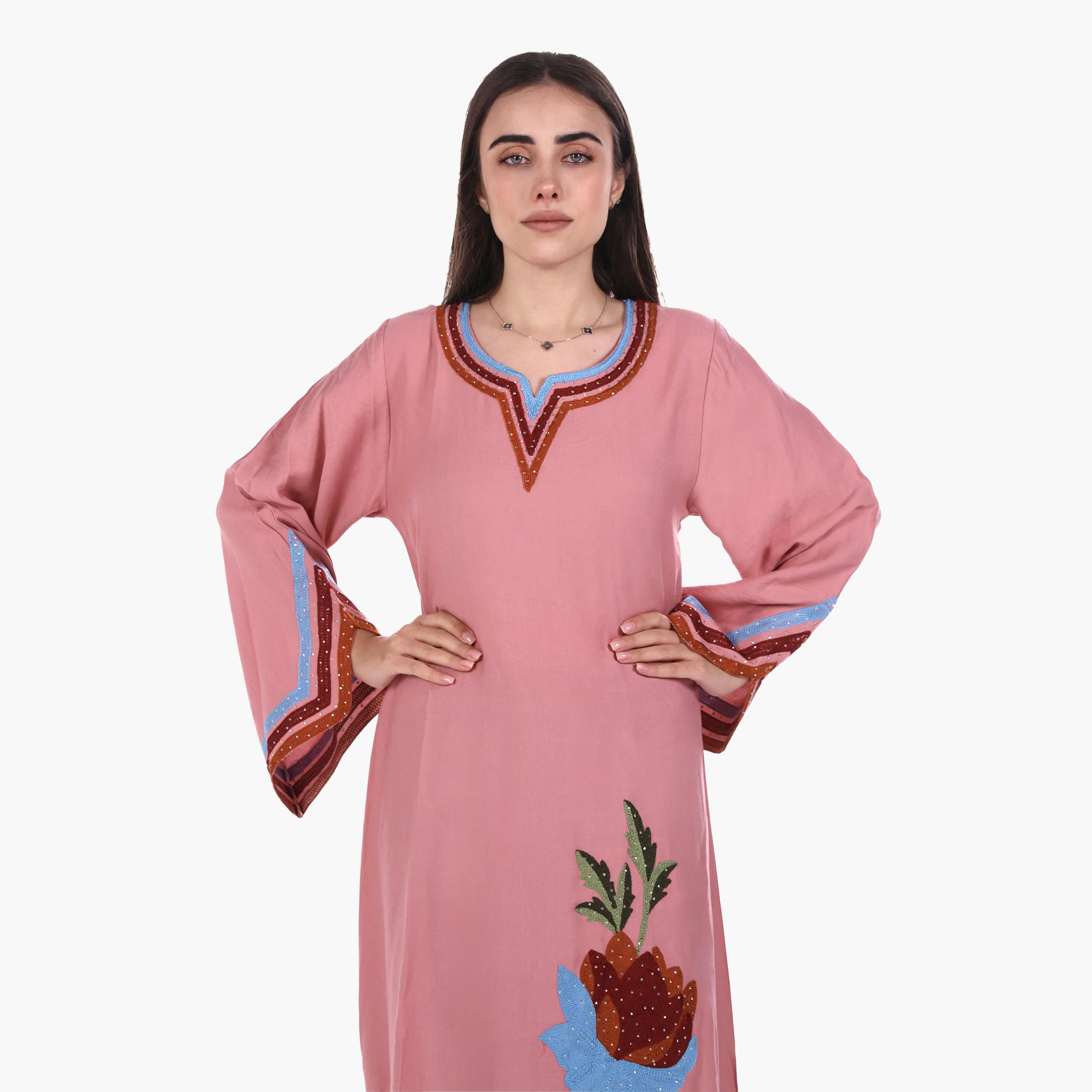 AL BENT AL SHARQIEH Floral Embroidered Flared Sleeves Linen Women's Mukhawar Jalabiya-women-arabicclothing-jalabiyas-image-4