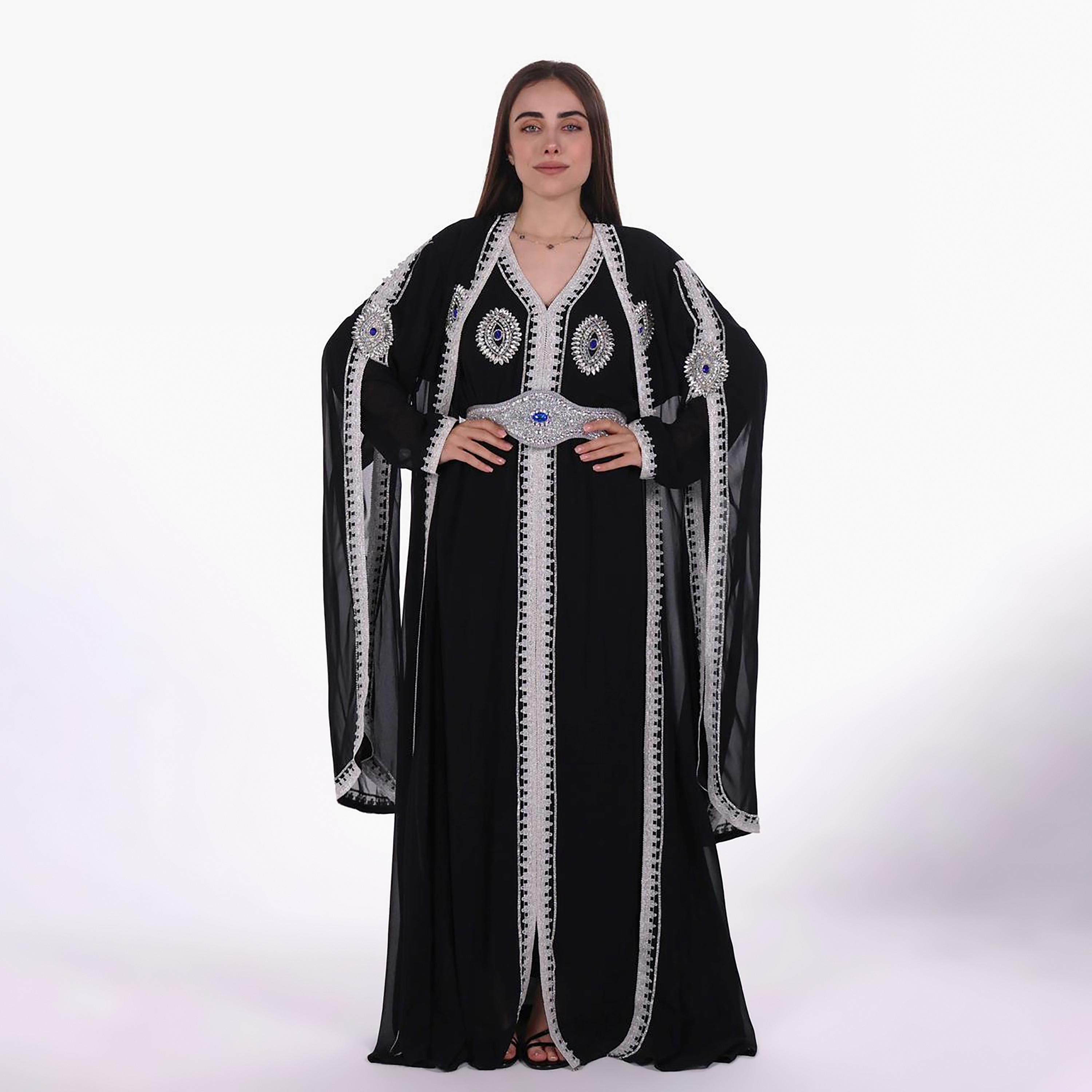 AL BENT AL SHARQIEH Embroidered & Crystal Work Cape Sleeves Linen Women's Jalabiya with Belt-women-arabicclothing-jalabiyas-image-1