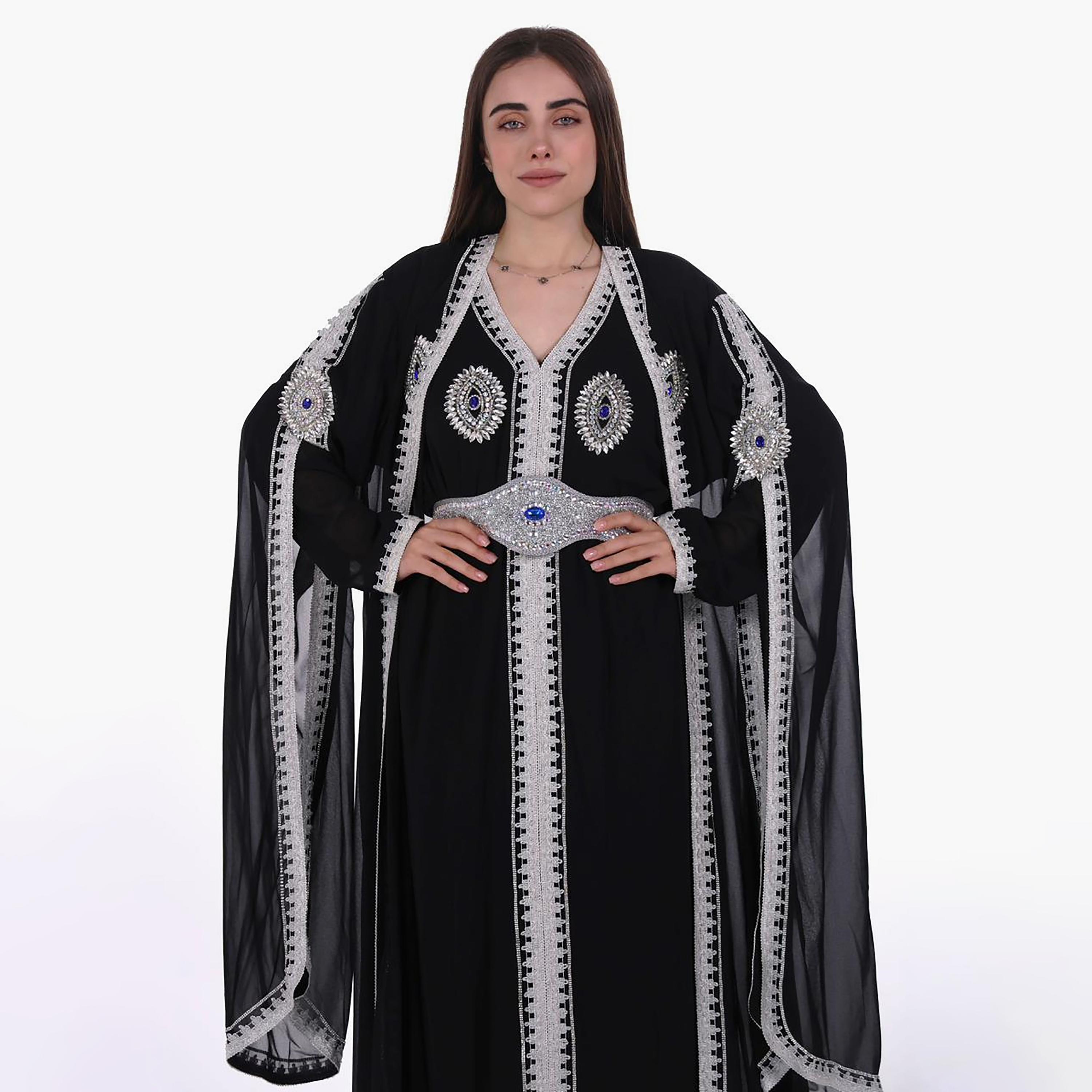 AL BENT AL SHARQIEH Embroidered & Crystal Work Cape Sleeves Linen Women's Jalabiya with Belt-women-arabicclothing-jalabiyas-image-2