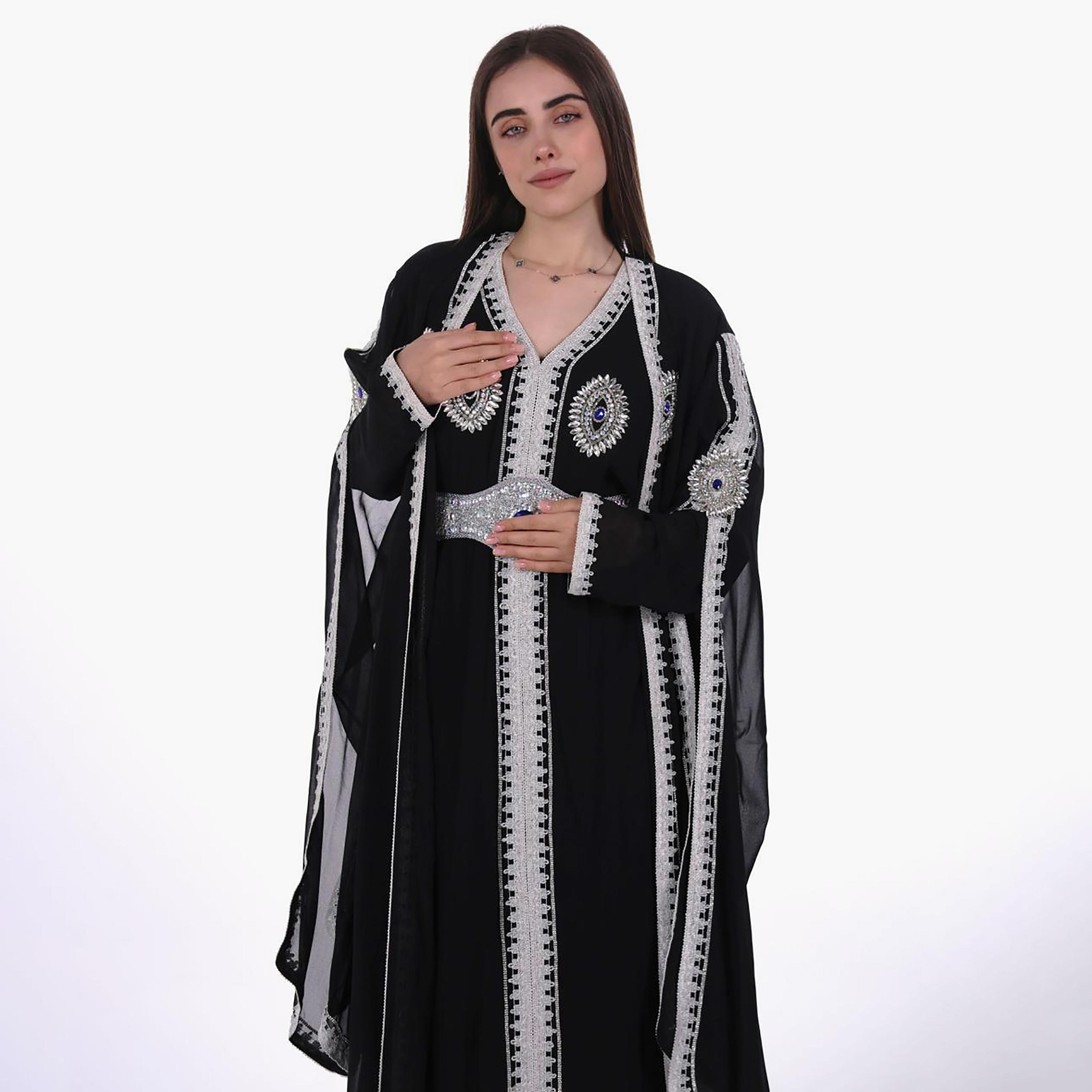 AL BENT AL SHARQIEH Embroidered & Crystal Work Cape Sleeves Linen Women's Jalabiya with Belt-women-arabicclothing-jalabiyas-image-3