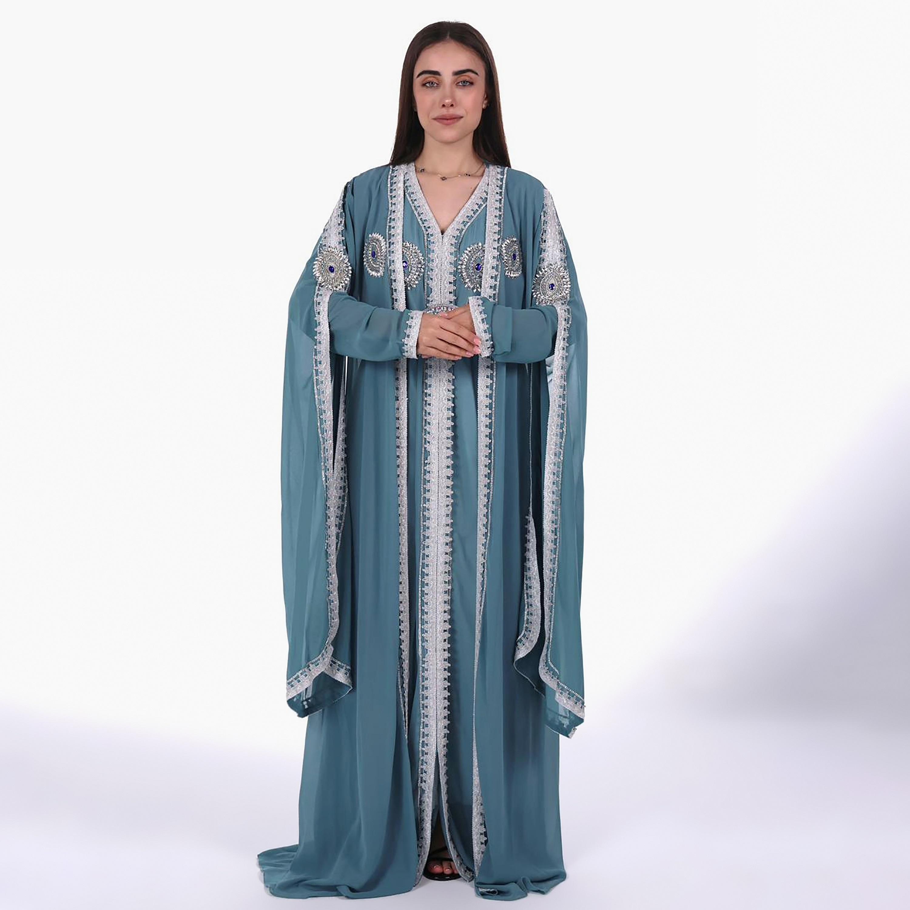 AL BENT AL SHARQIEH Embroidered & Crystal Work Cape Sleeves Linen Women's Jalabiya with Belt-women-arabicclothing-jalabiyas-image-1