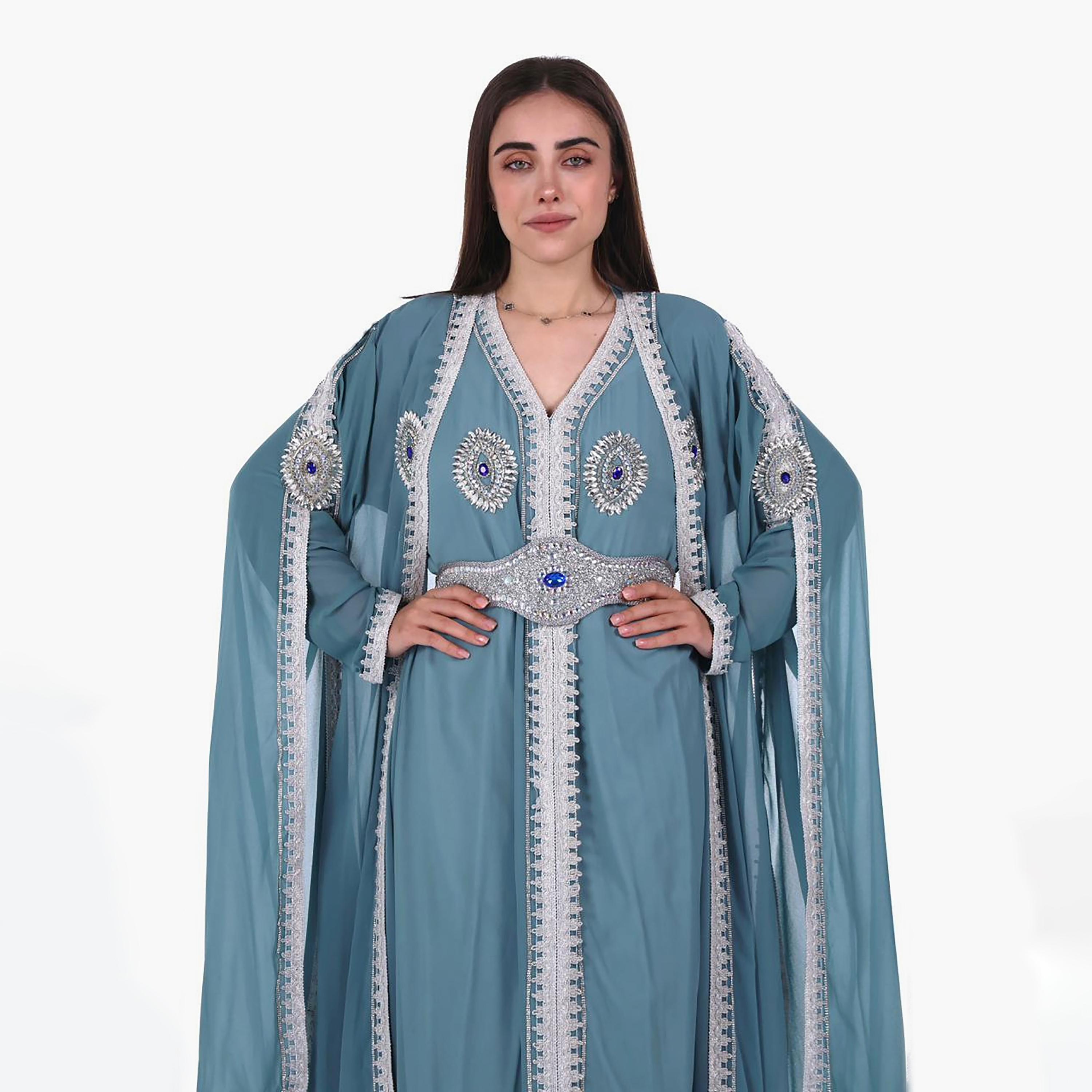 AL BENT AL SHARQIEH Embroidered & Crystal Work Cape Sleeves Linen Women's Jalabiya with Belt-women-arabicclothing-jalabiyas-image-2